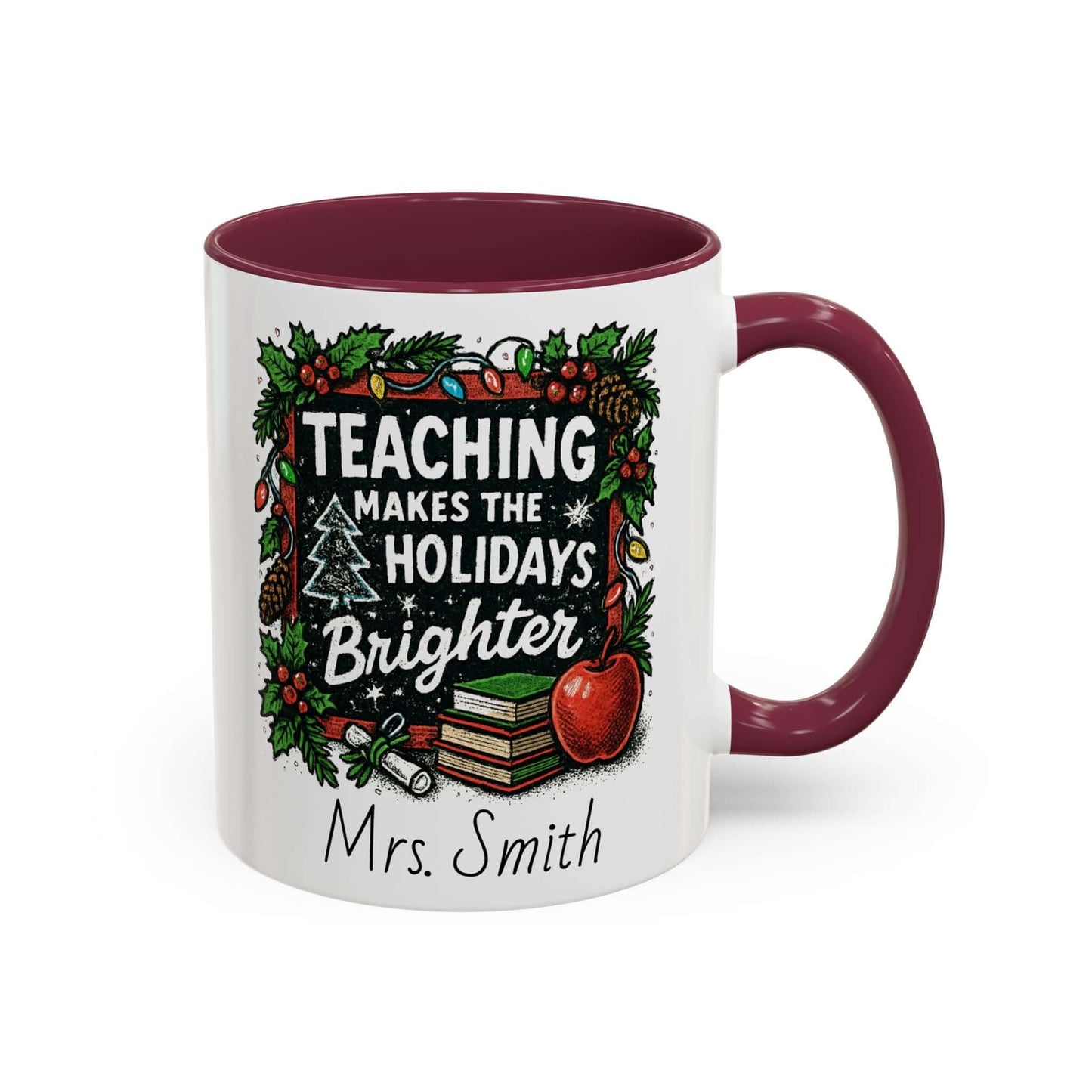 Personalized teacher holiday mug with festive design, marshmallows, and candy cane for a joyful gift.