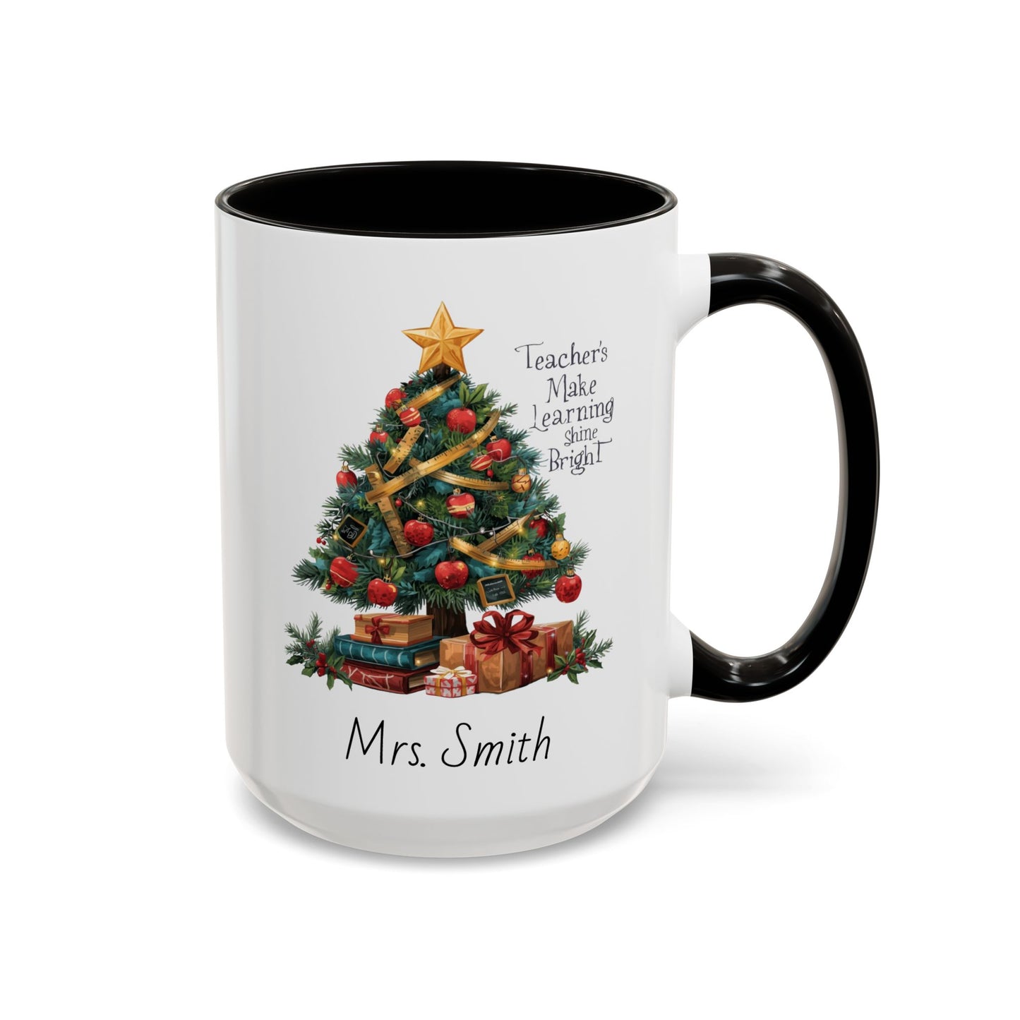 Personalized Christmas teacher mug with festive tree design, custom name, red handle, perfect holiday gift.