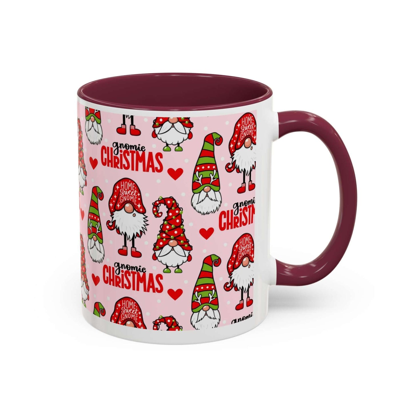 Festive Christmas gnome coffee mug with pink background and whimsical gnome designs, perfect for holiday cheer.