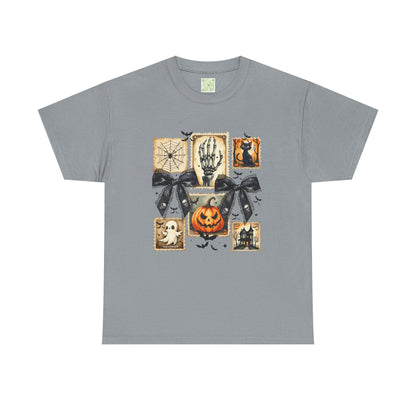 Halloween themed shirt with pumpkin, ghosts, and spooky designs on a gray t-shirt.