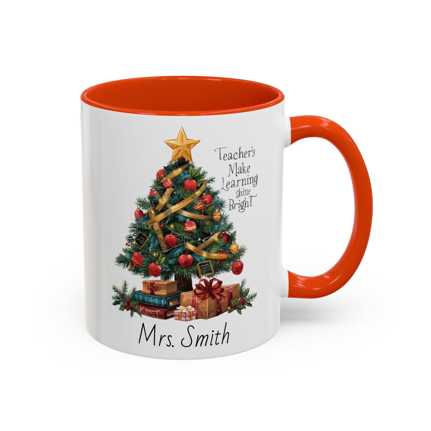 Personalized Christmas teacher mug with festive tree design, custom name, red handle, perfect holiday gift.