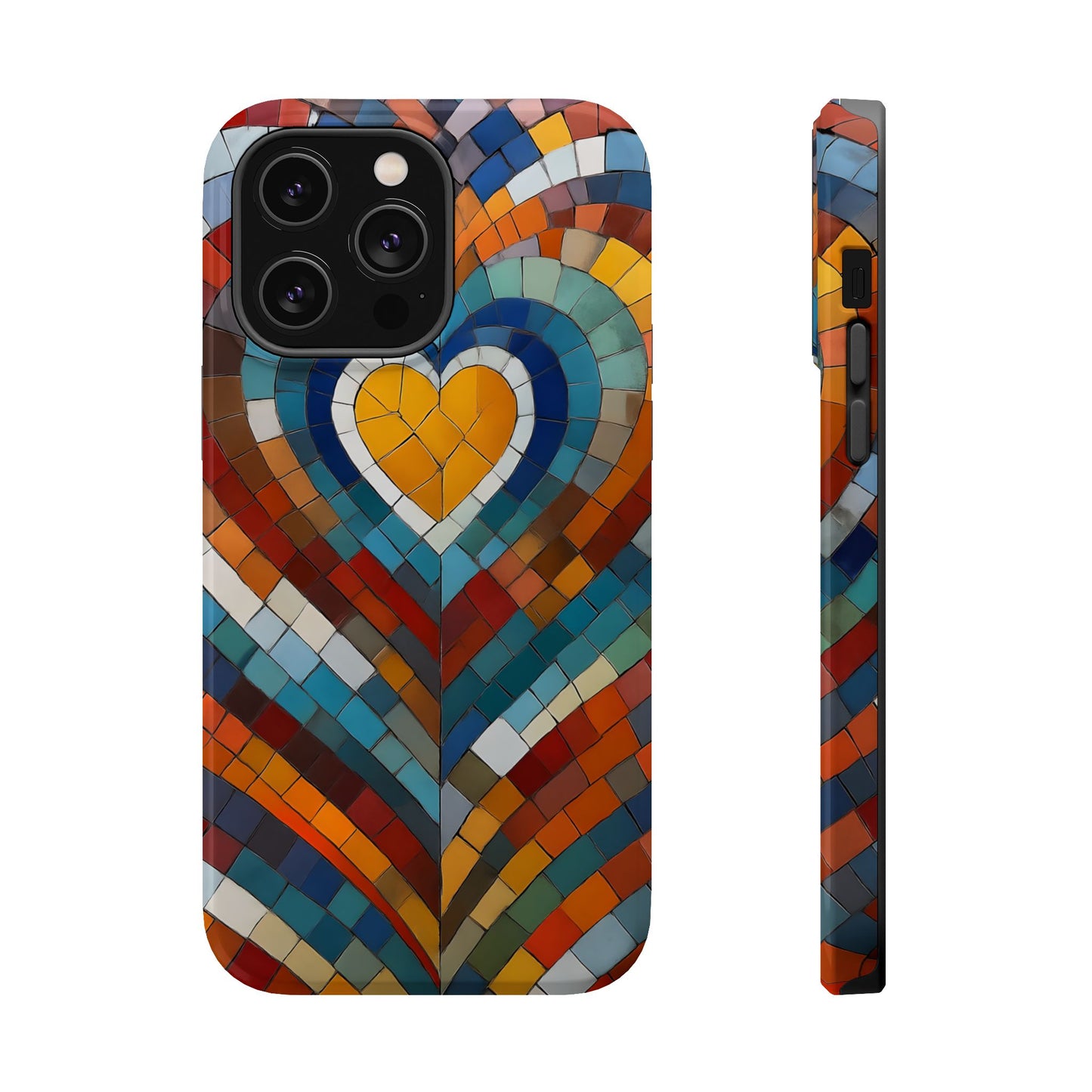 Magnetic Heart Mosaic iPhone Case, Faux Stained Glass, Trendy Phone Cover, Artistic Phone Case, Wireless Charging