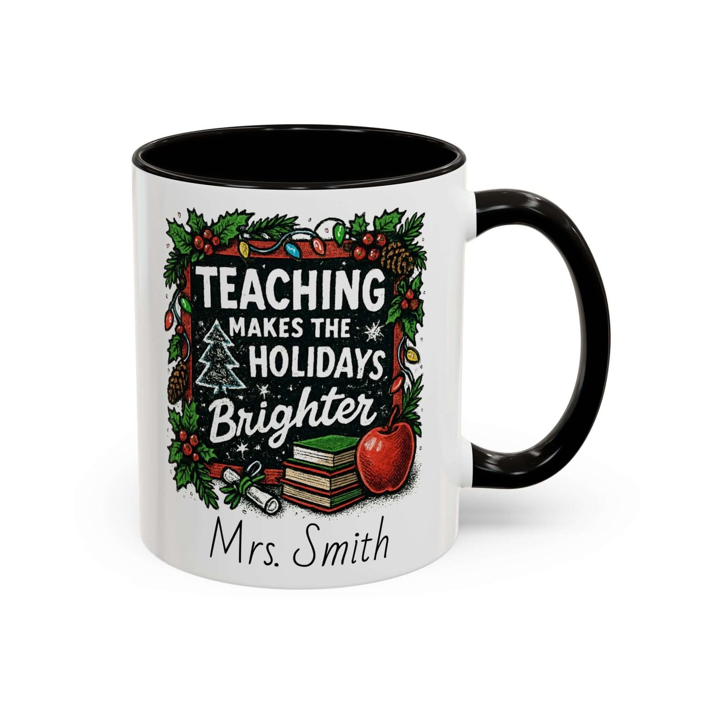 Personalized teacher holiday mug with festive design, marshmallows, and candy cane for a joyful gift.