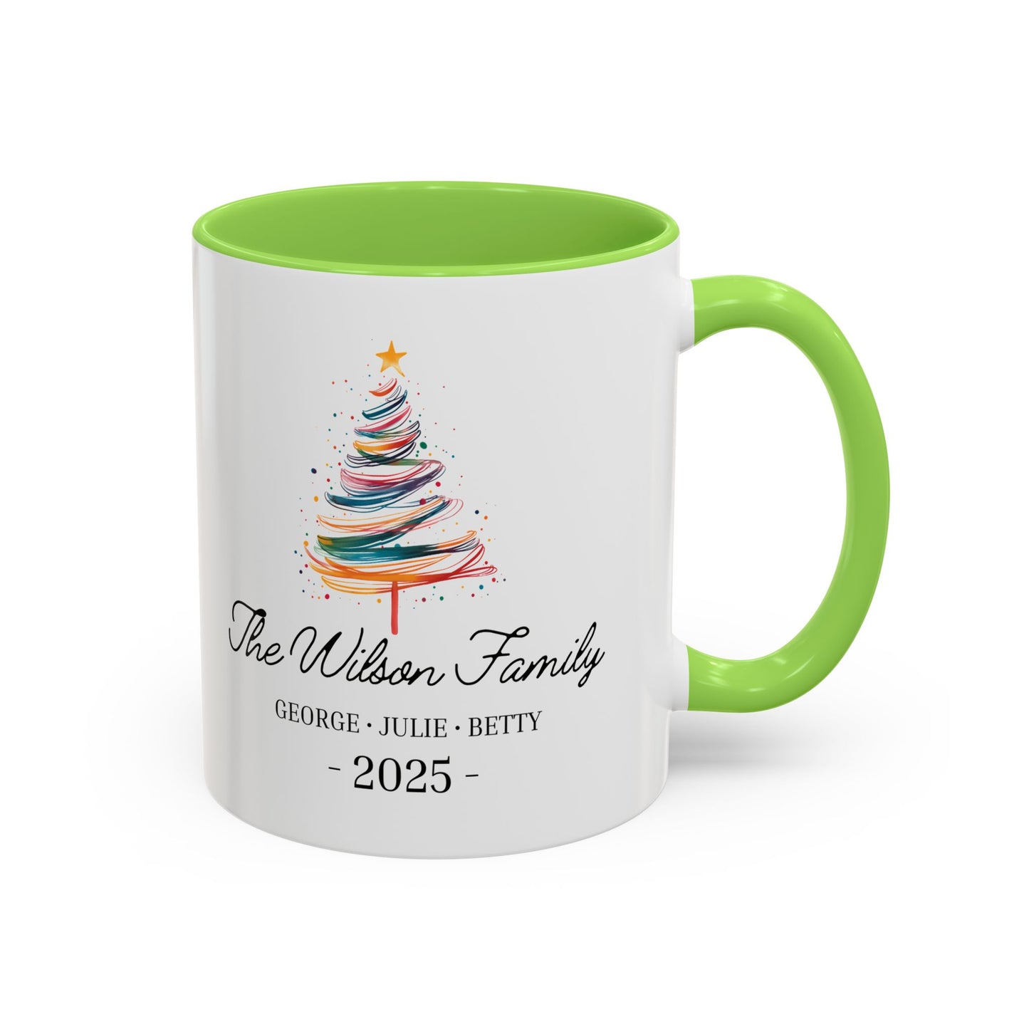 Personalized Family Christmas Mug, Custom Family Name Holiday Coffee Cup 2025, Colorful Christmas Tree Mug, Family Christmas Gift