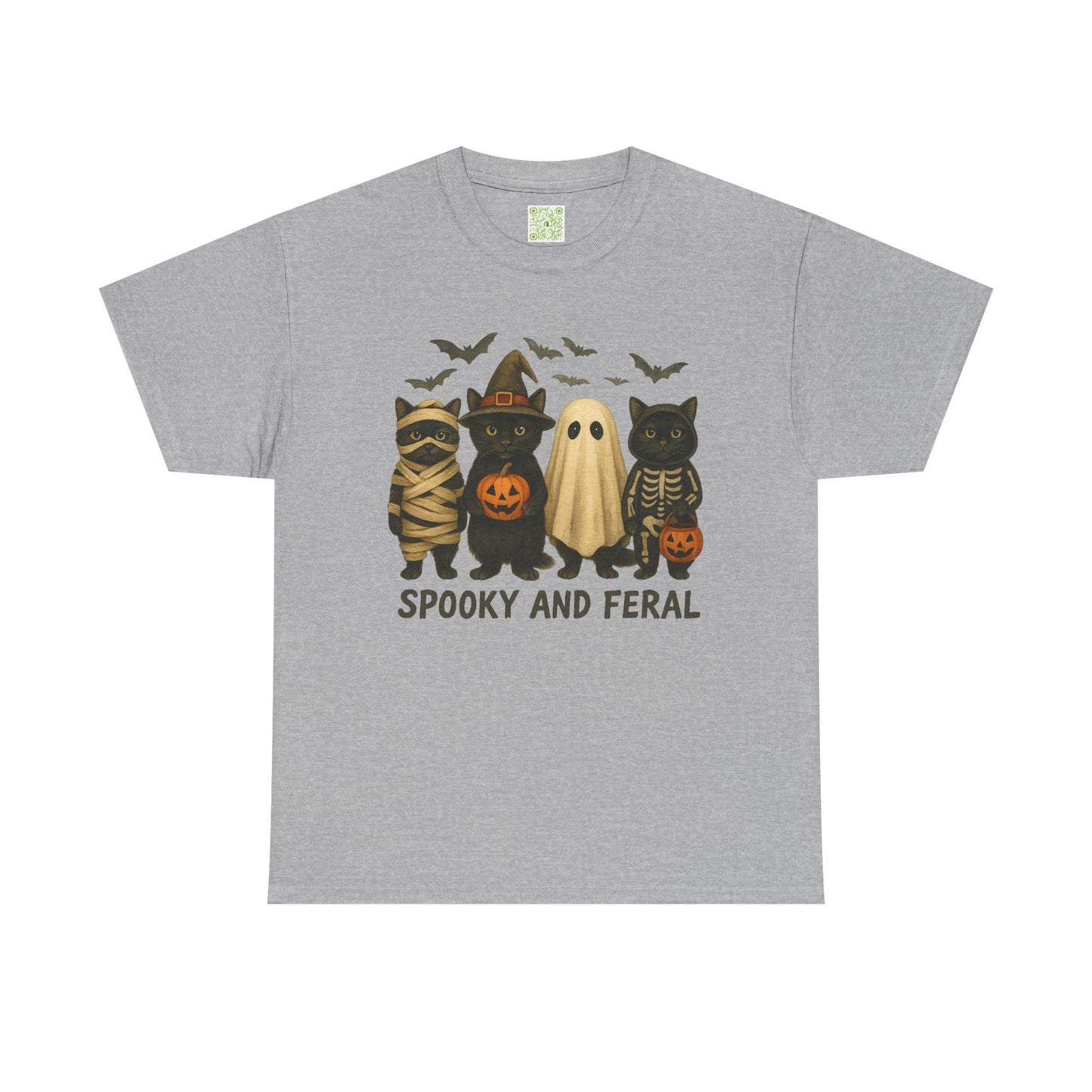 spooky black cat shirt featuring four cute Halloween characters, perfect for Halloween festivities.