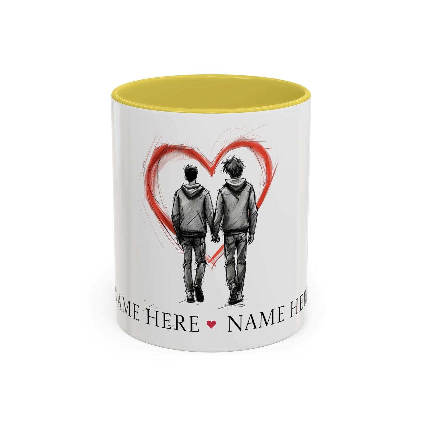 Personalized gay couple coffee mug with names, heart design, perfect for anniversaries and weddings.