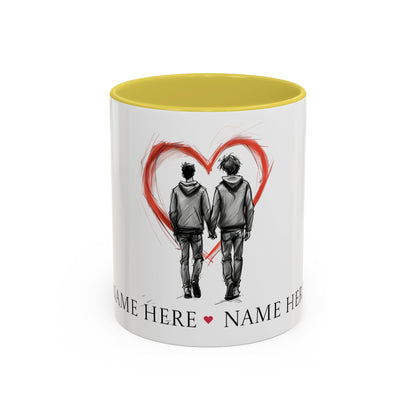 Personalized gay couple coffee mug with names, heart design, perfect for anniversaries and weddings.