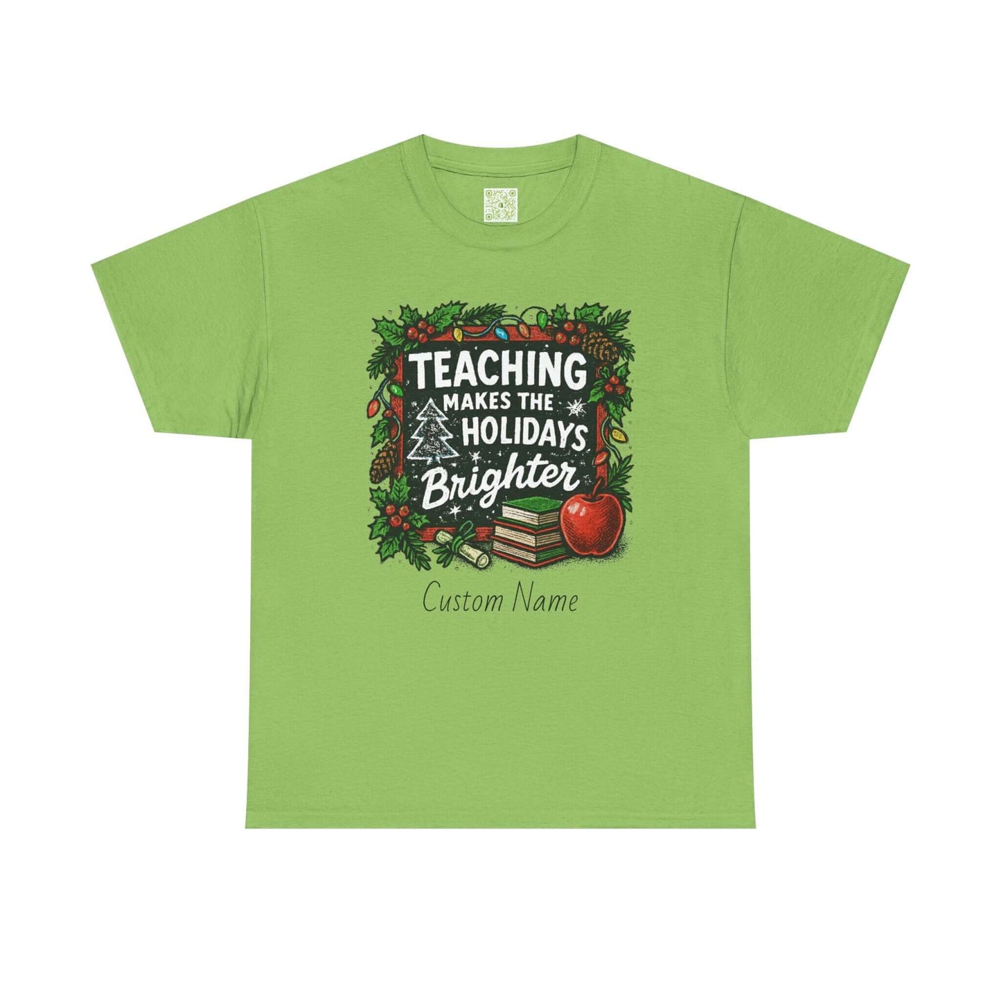 Personalized teacher holiday t-shirt in red with festive design and custom name. Perfect gift for teachers.