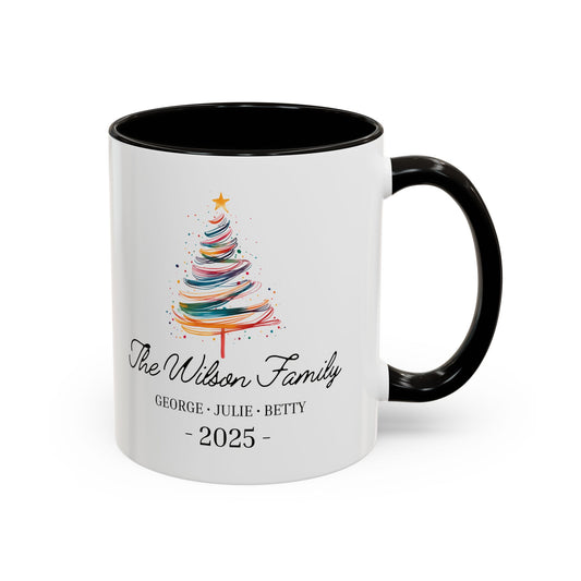 Personalized Family Christmas Mug, Custom Family Name Holiday Coffee Cup 2025, Colorful Christmas Tree Mug, Family Christmas Gift