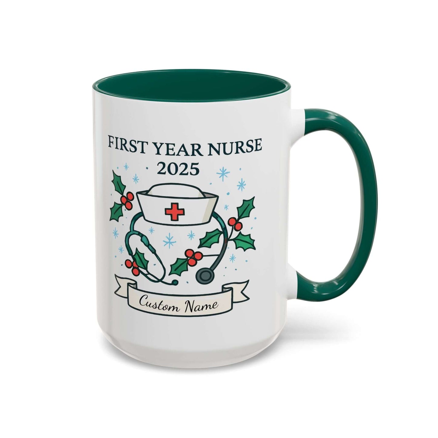 Personalized first year nurse mug with festive design and customizable name for 2025 graduation.