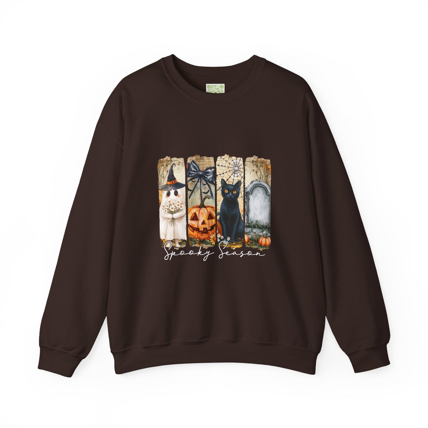 Spooky Season Crewneck Sweatshirt with Halloween design featuring a black cat, pumpkin, and witch.