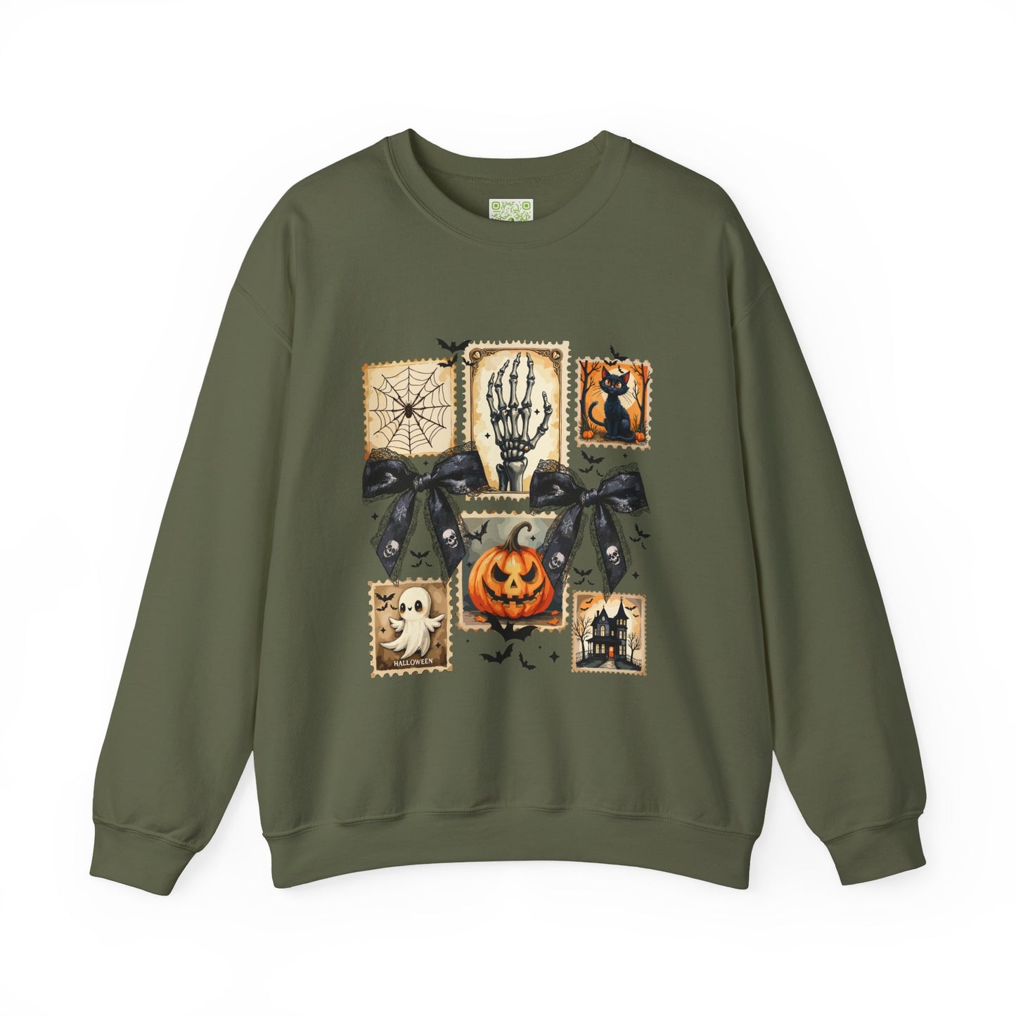 Halloween themed olive green sweatshirt featuring spooky designs, perfect for fall and festive celebrations.