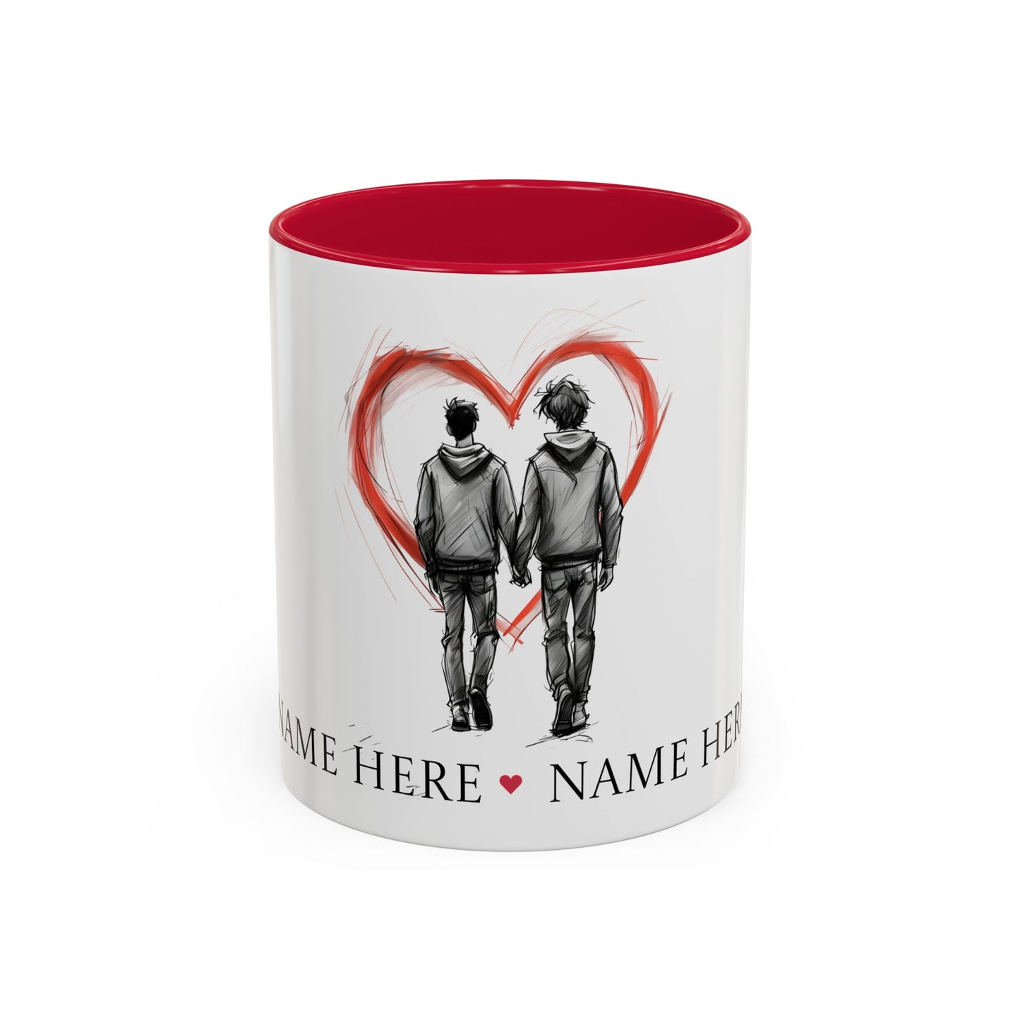 Personalized gay couple coffee mug with names, heart design, perfect for anniversaries and weddings.