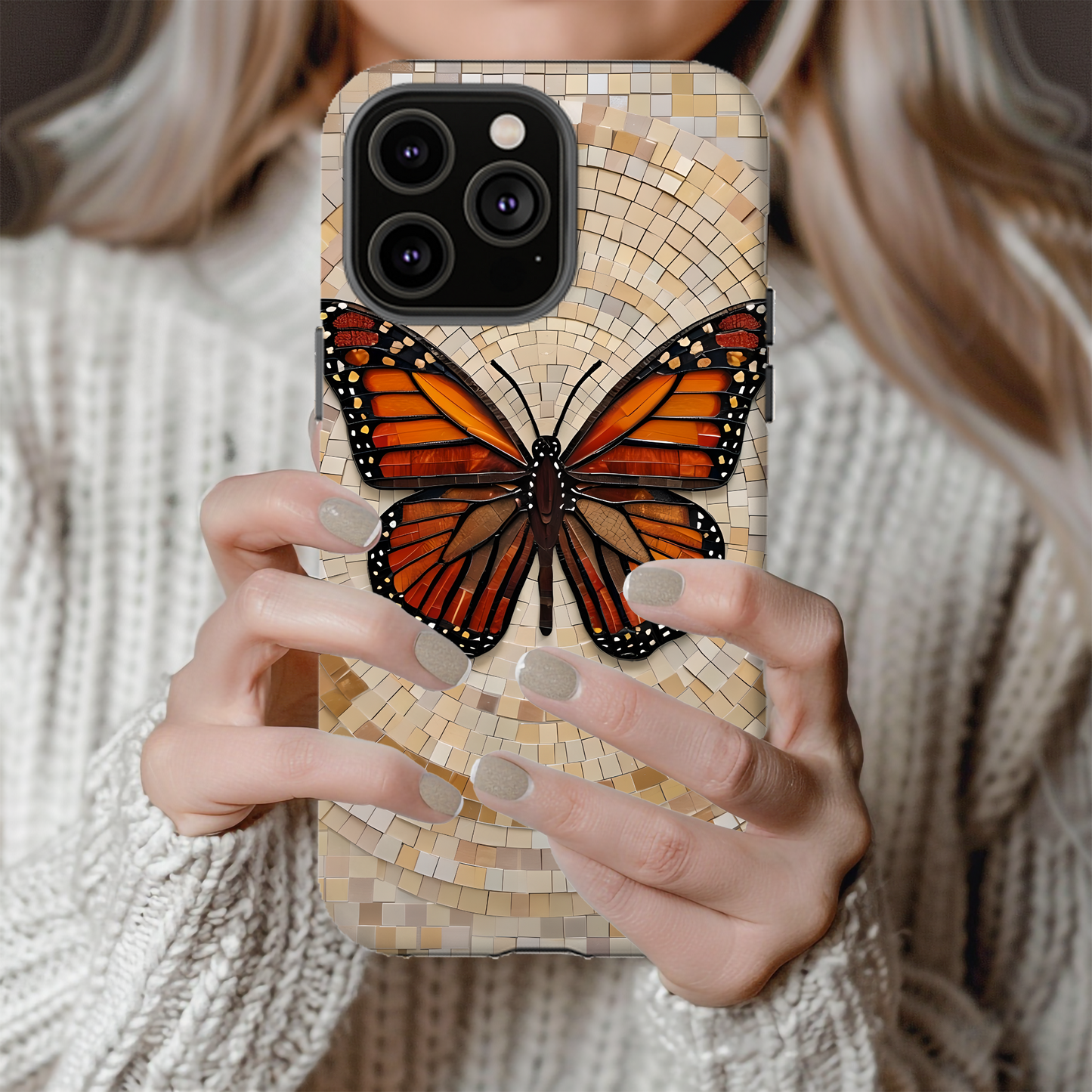 Monarch Butterfly Mosaic iPhone Case, Orange Butterfly Case, Artistic Phone Cover, Trendy iPhone Case, Wireless Charging Cover