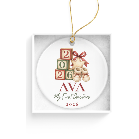 DESIGN F - Baby Blocks personalized round ceramic baby's first Christmas ornament design in gift box