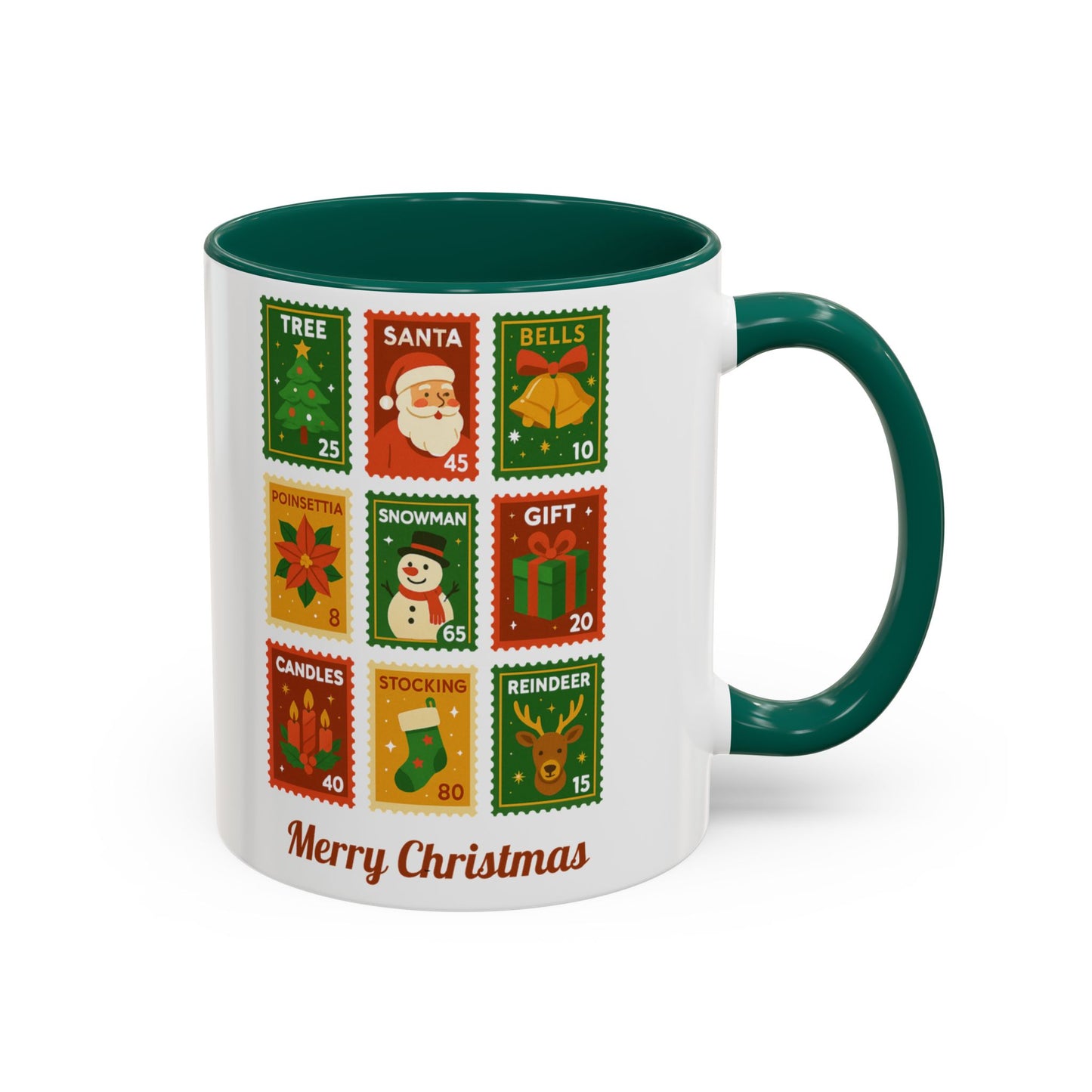 Colorful Holiday Stamp Mug, Festive Mug, Hot Cocoa Mug, Gift for Her, Secret Santa Gift, Stamp Collector, Christmas Mug