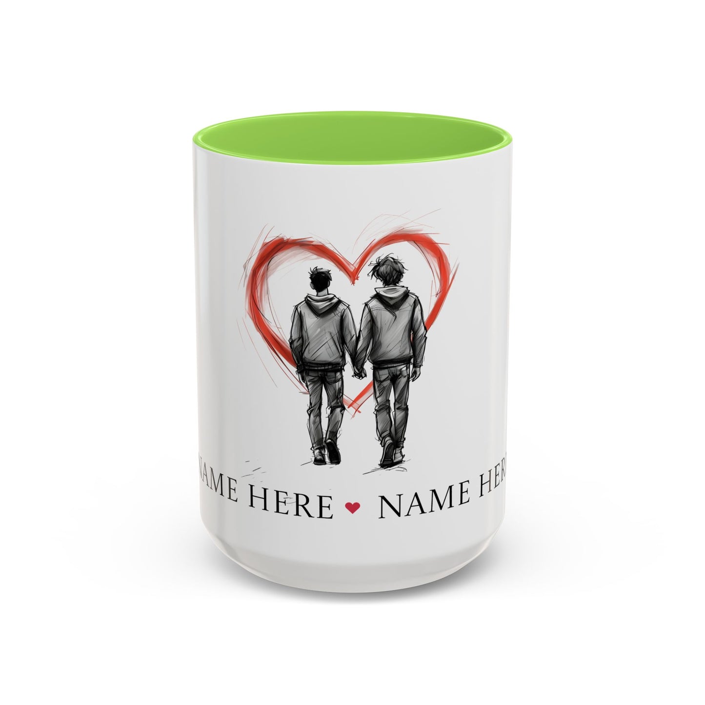 Personalized gay couple coffee mug with names, heart design, perfect for anniversaries and weddings.