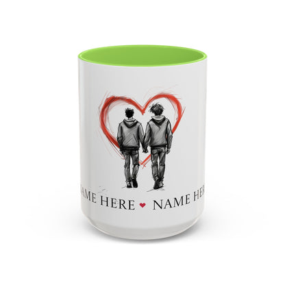 Personalized gay couple coffee mug with names, heart design, perfect for anniversaries and weddings.