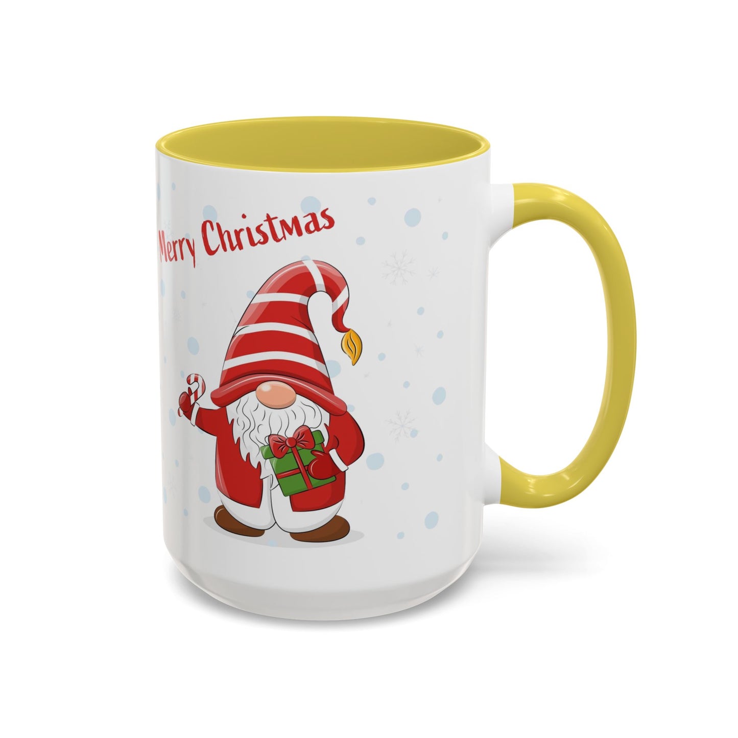 Merry Christmas gnome mug with candy cane and gift design, perfect for holiday beverages.