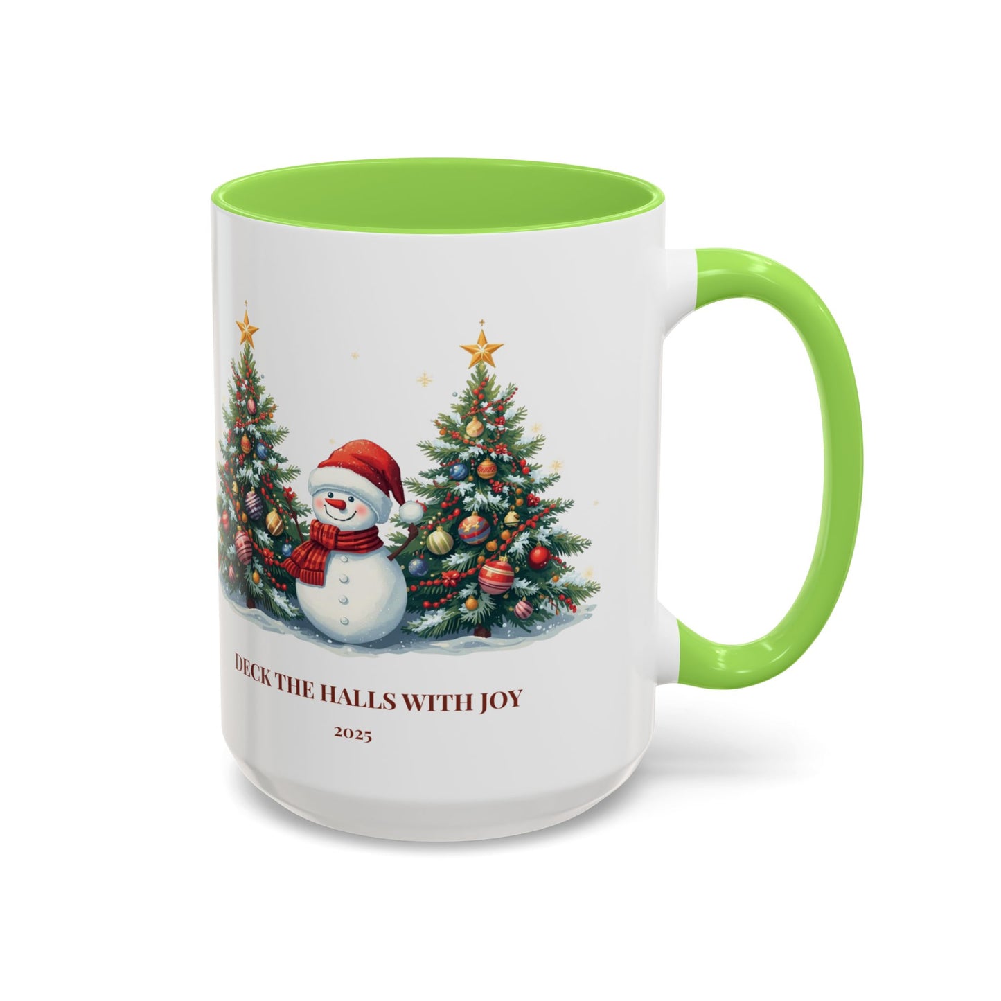 Christmas snowman mug with festive tree design, perfect for holiday drinks and cozy moments.