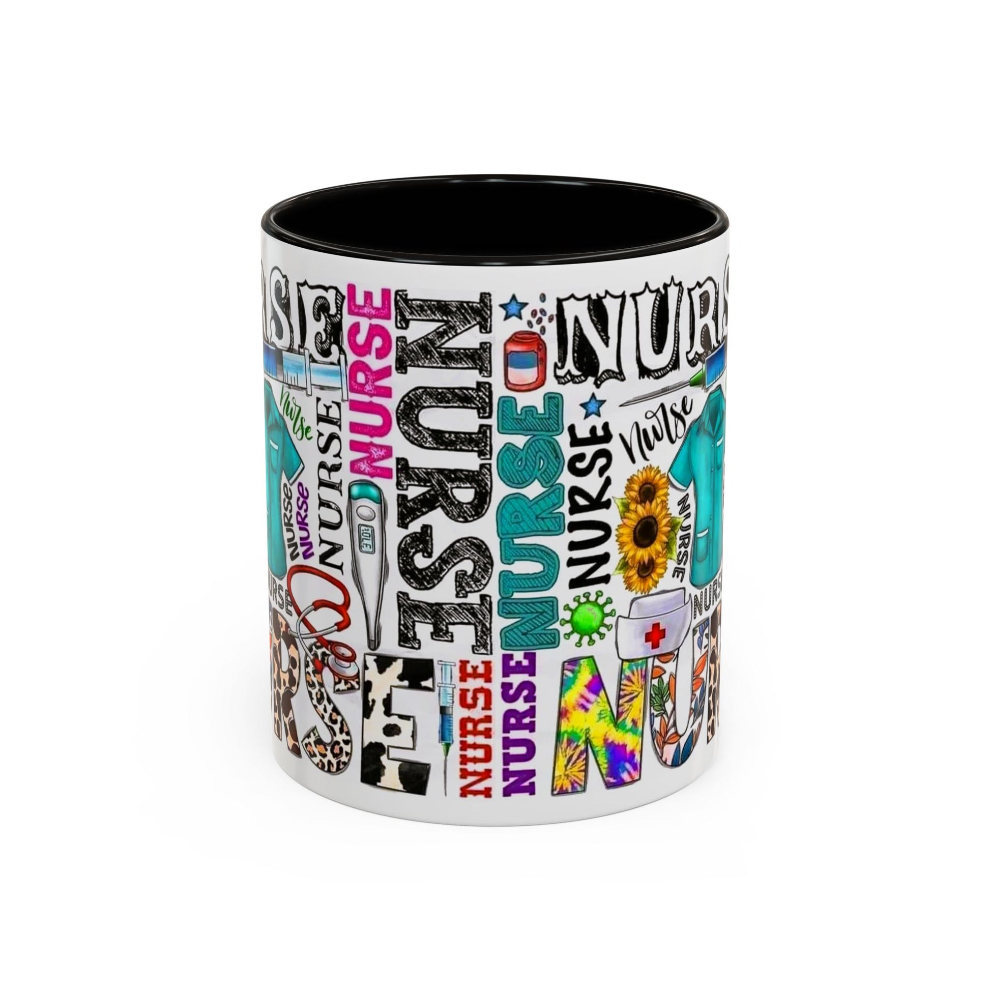 Colorful nurse coffee mug held by hands, ideal gift for nurse appreciation or nursing students.