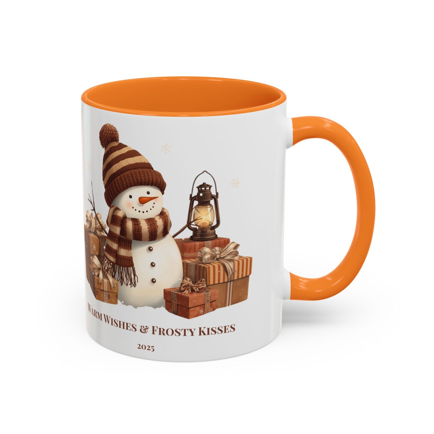 Snowman coffee mug featuring a festive design with gifts and the message 'Warm Wishes & Frosty Kisses'