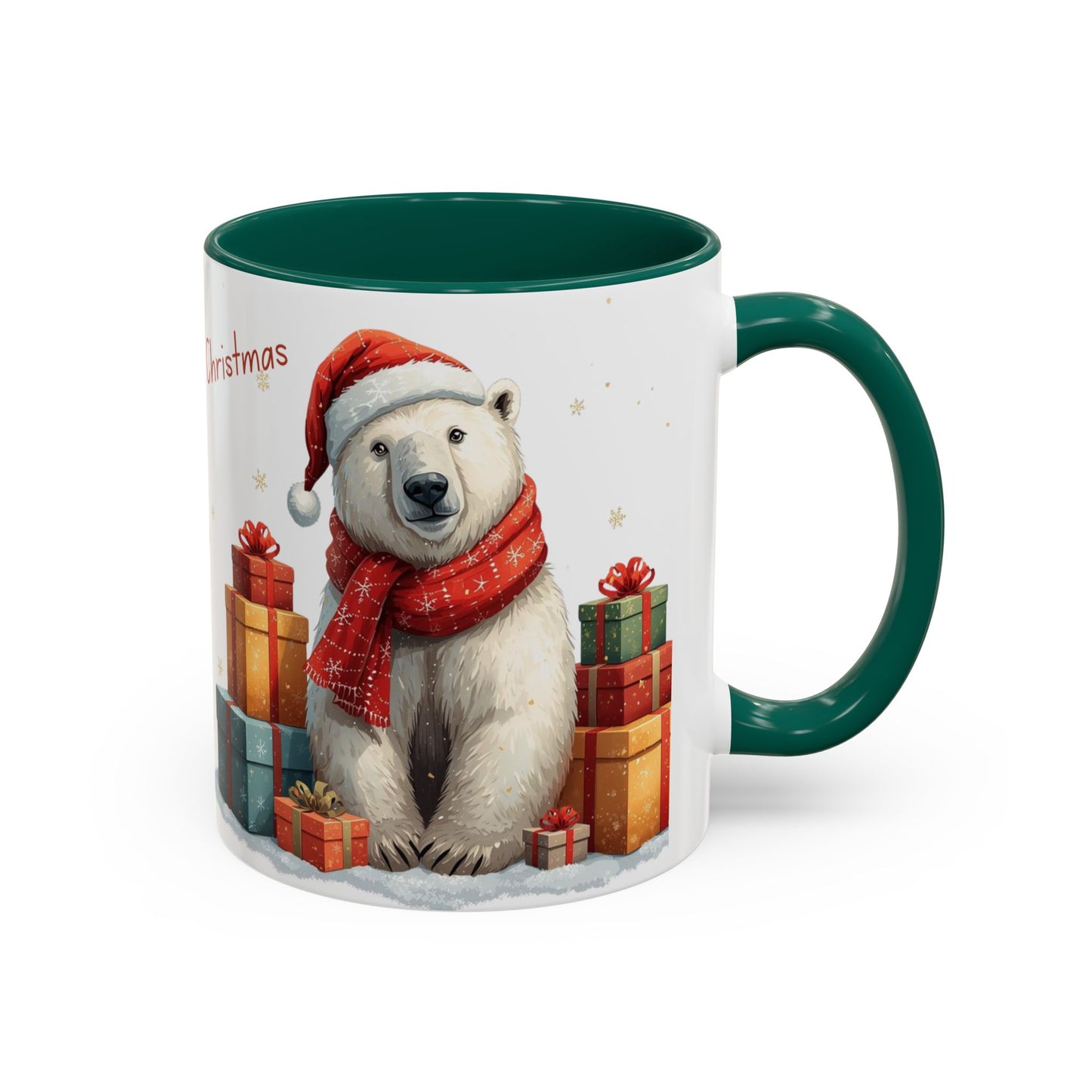 Cute Polar Bear Christmas mug with a red scarf and Santa hat, surrounded by colorful gift boxes.