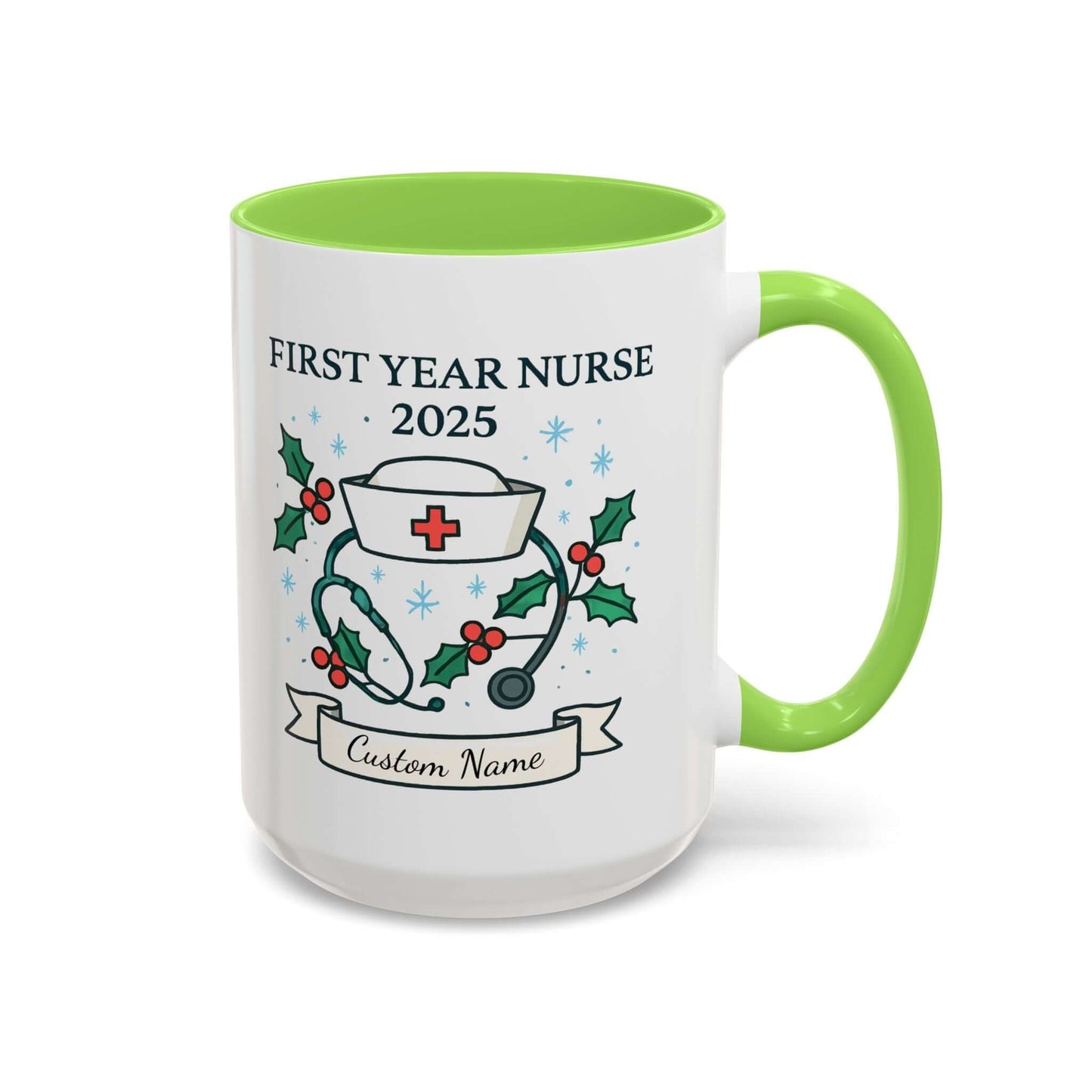 Personalized first year nurse mug with festive design and customizable name for 2025 graduation.