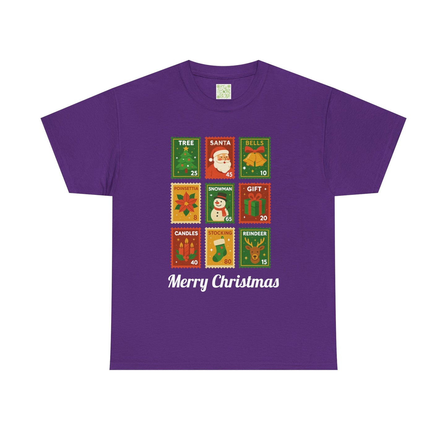 Christmas postage stamp shirt featuring festive designs and the text 'Merry Christmas'.