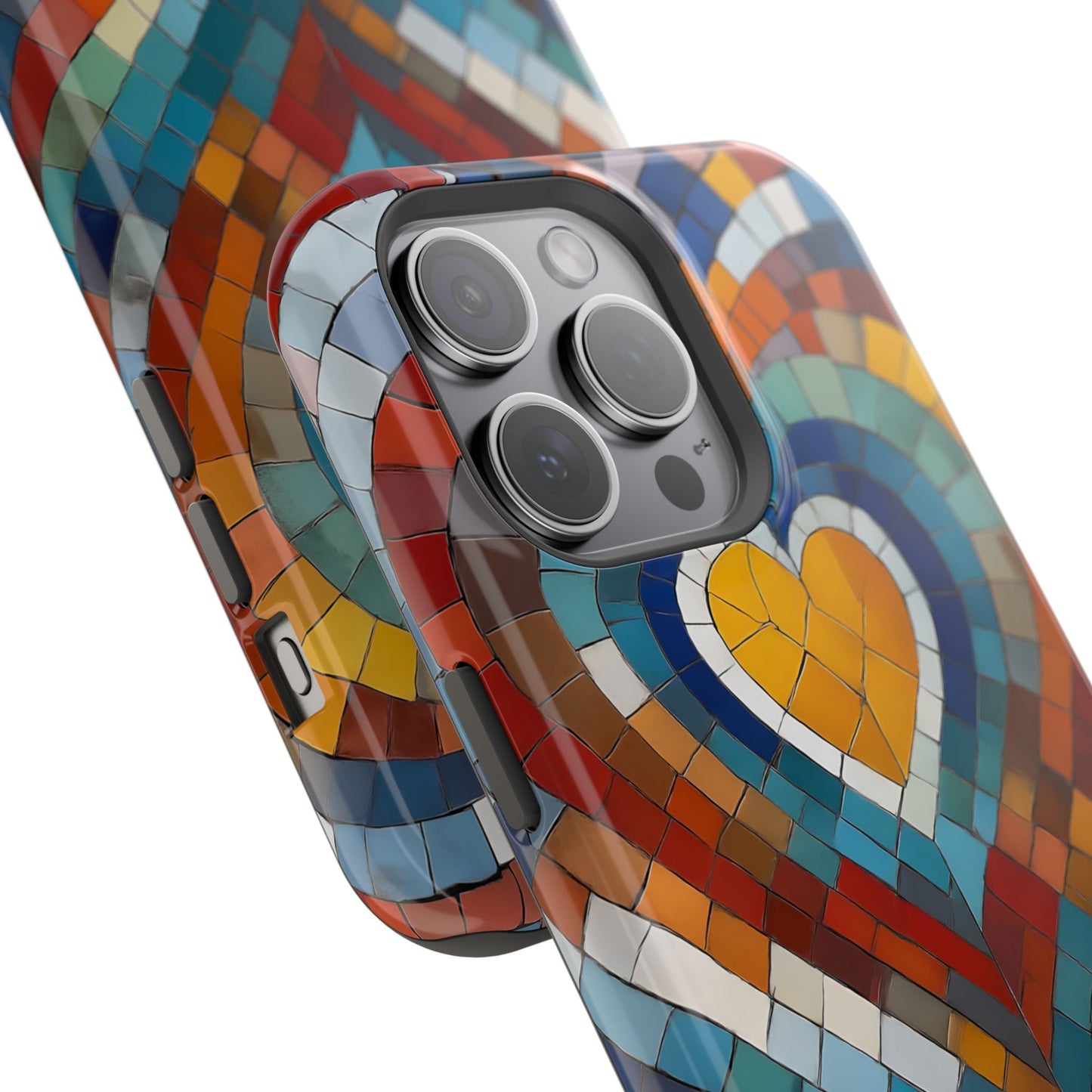 Magnetic Heart Mosaic iPhone Case, Faux Stained Glass, Trendy Phone Cover, Artistic Phone Case, Wireless Charging