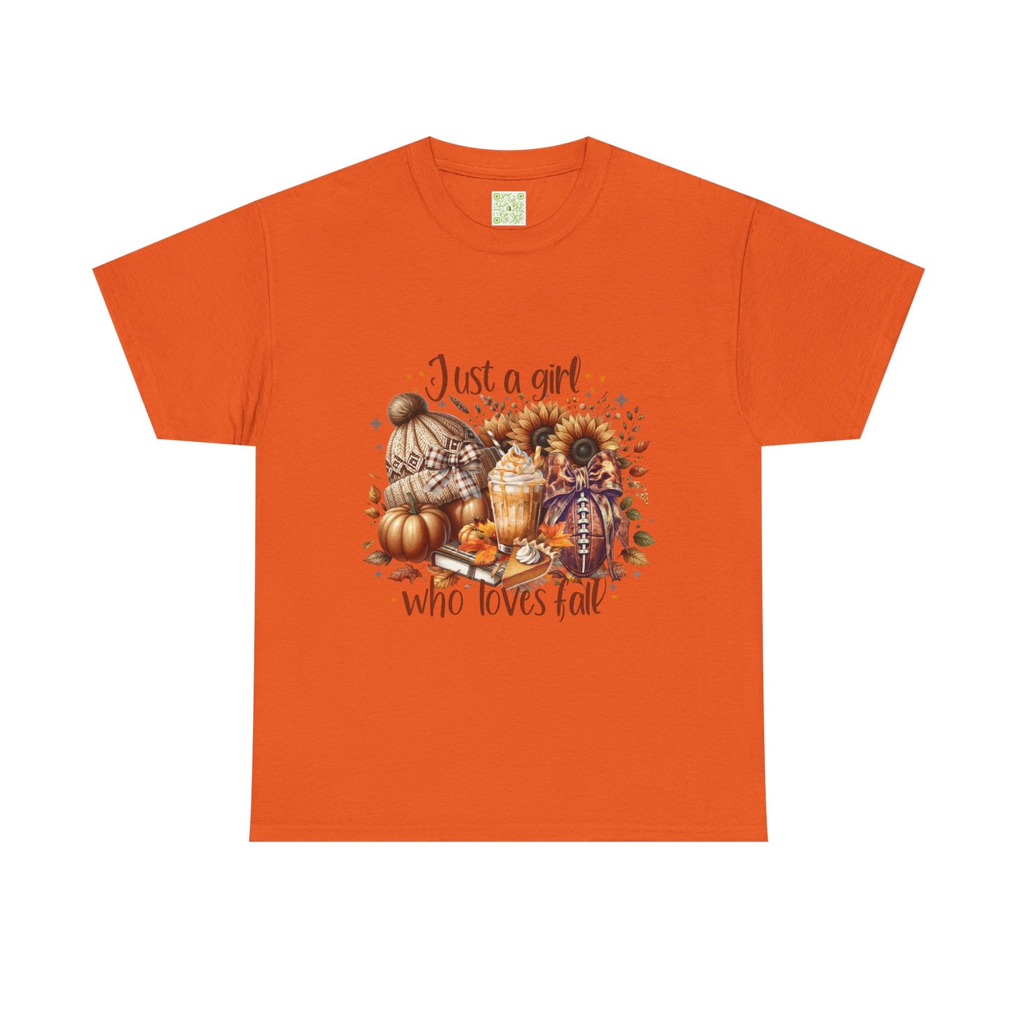  Fall-themed unisex tee featuring 'Just a Girl Who Loves Fall' design, perfect for autumn wear.
