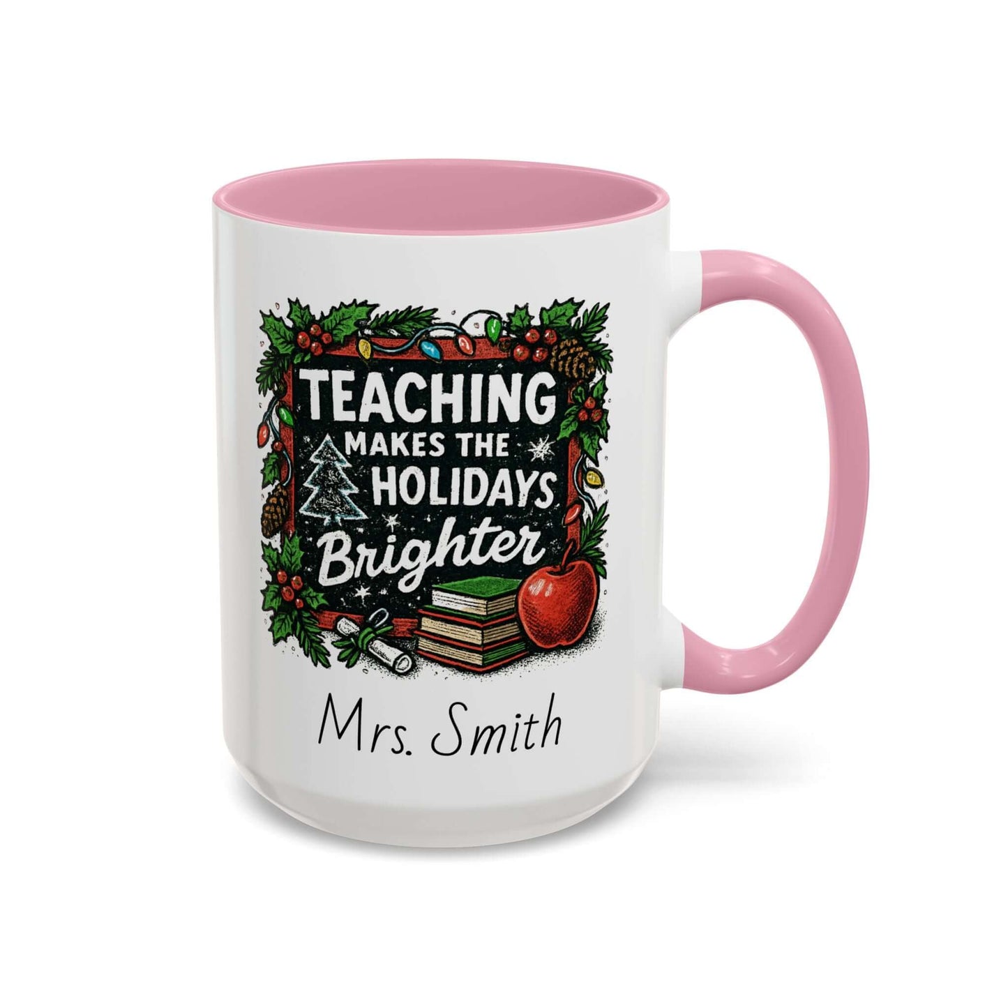 Personalized teacher holiday mug with festive design, marshmallows, and candy cane for a joyful gift.