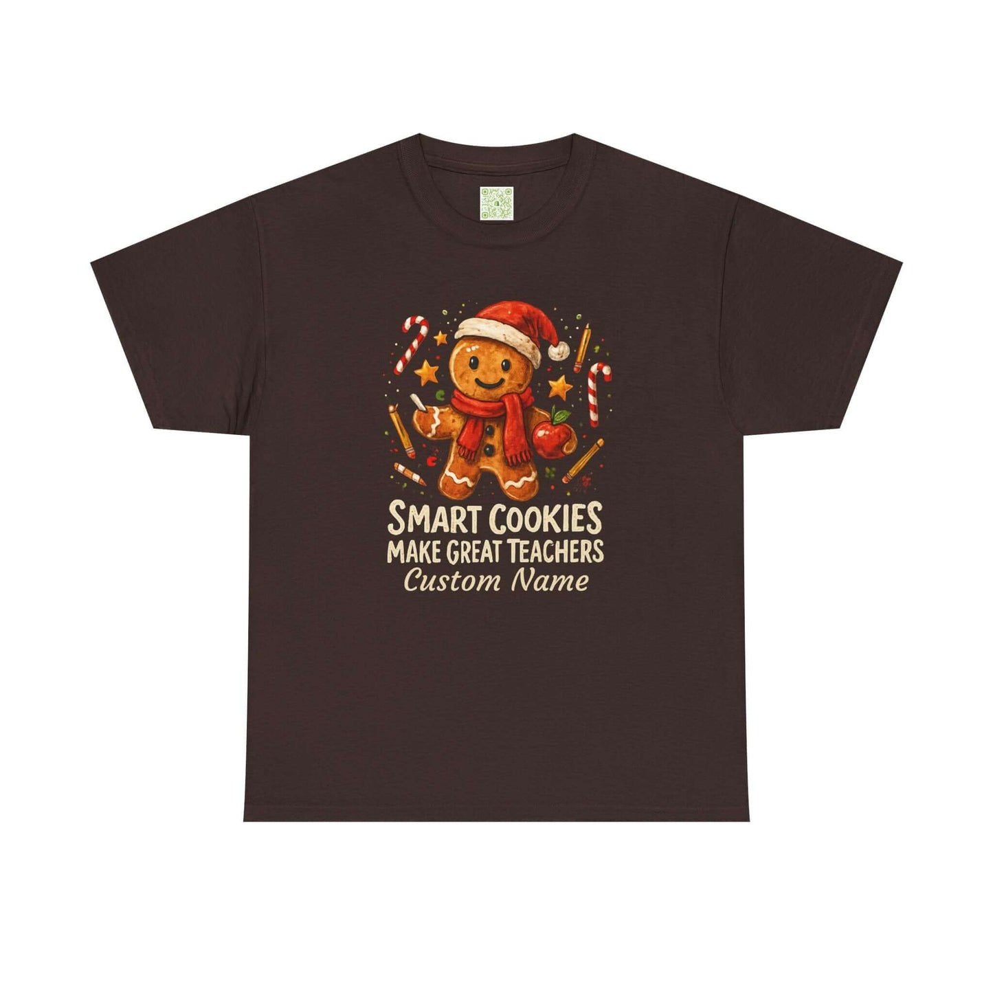 Gingerbread teacher holiday shirt with the phrase 'Smart Cookies Make Great Teachers' and festive decorations.