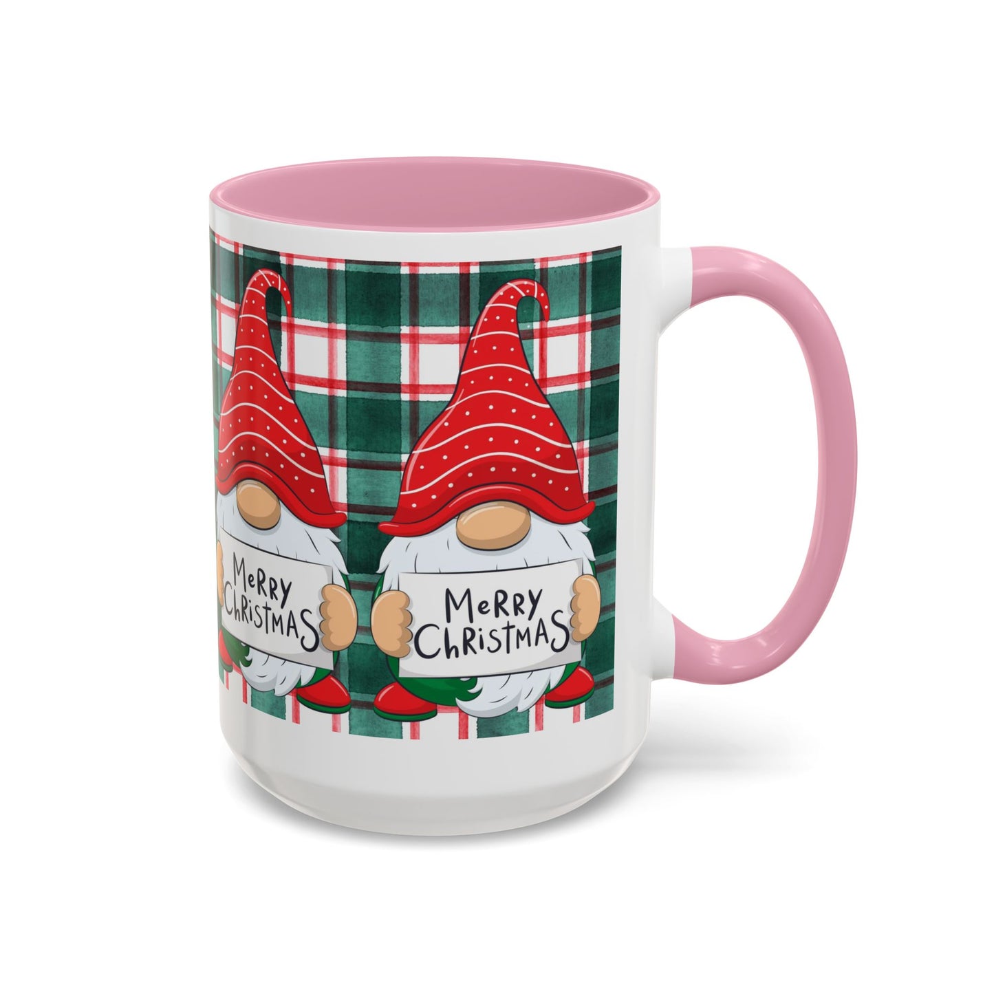 Festive Christmas gnome mug with holiday design, featuring gnomes and a plaid background.