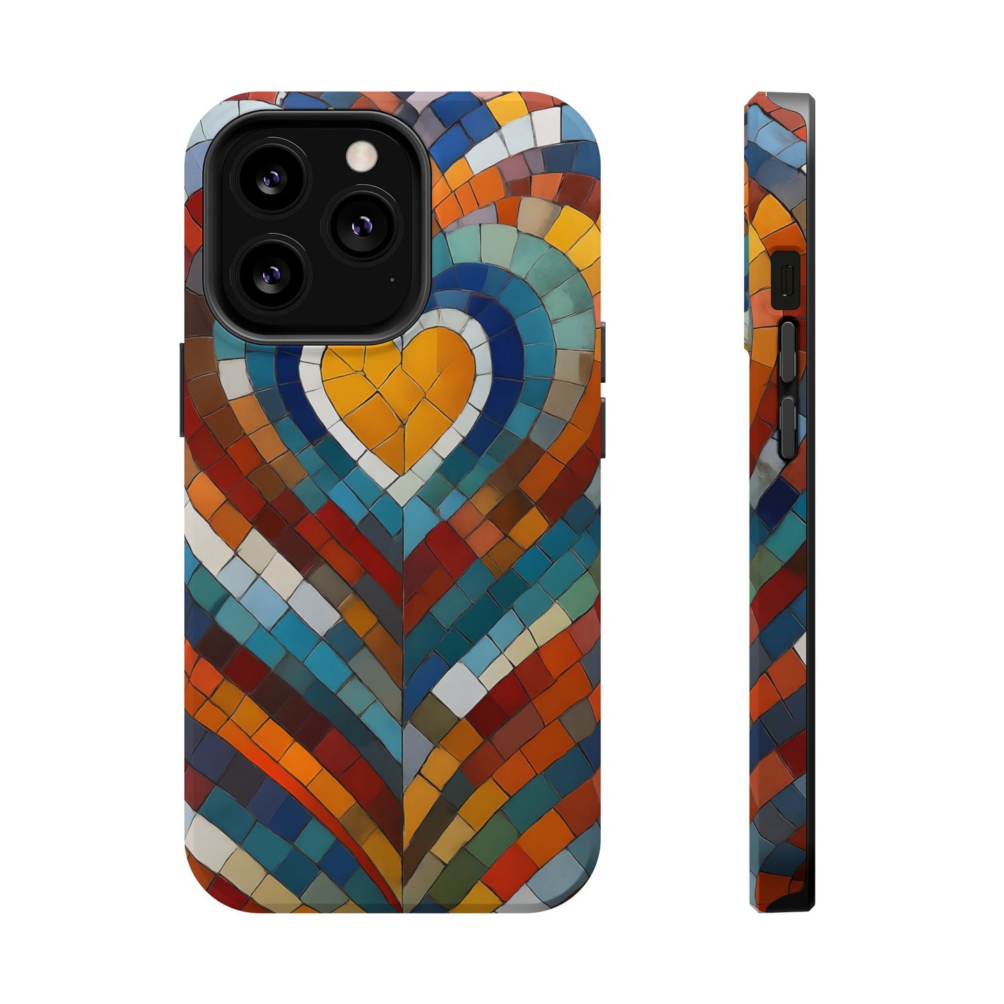 Magnetic Heart Mosaic iPhone Case, Faux Stained Glass, Trendy Phone Cover, Artistic Phone Case, Wireless Charging