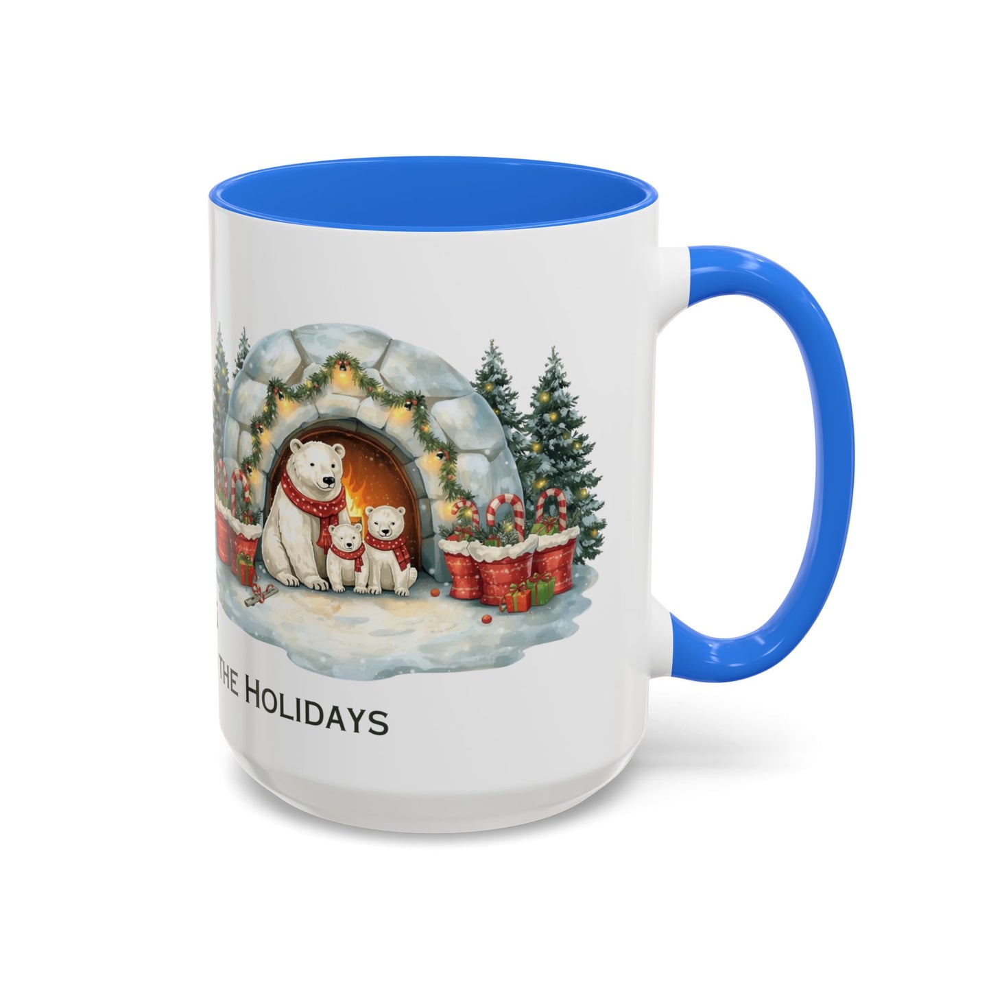Polar Bear Christmas Mug featuring an igloo family scene with trees and holiday decorations.