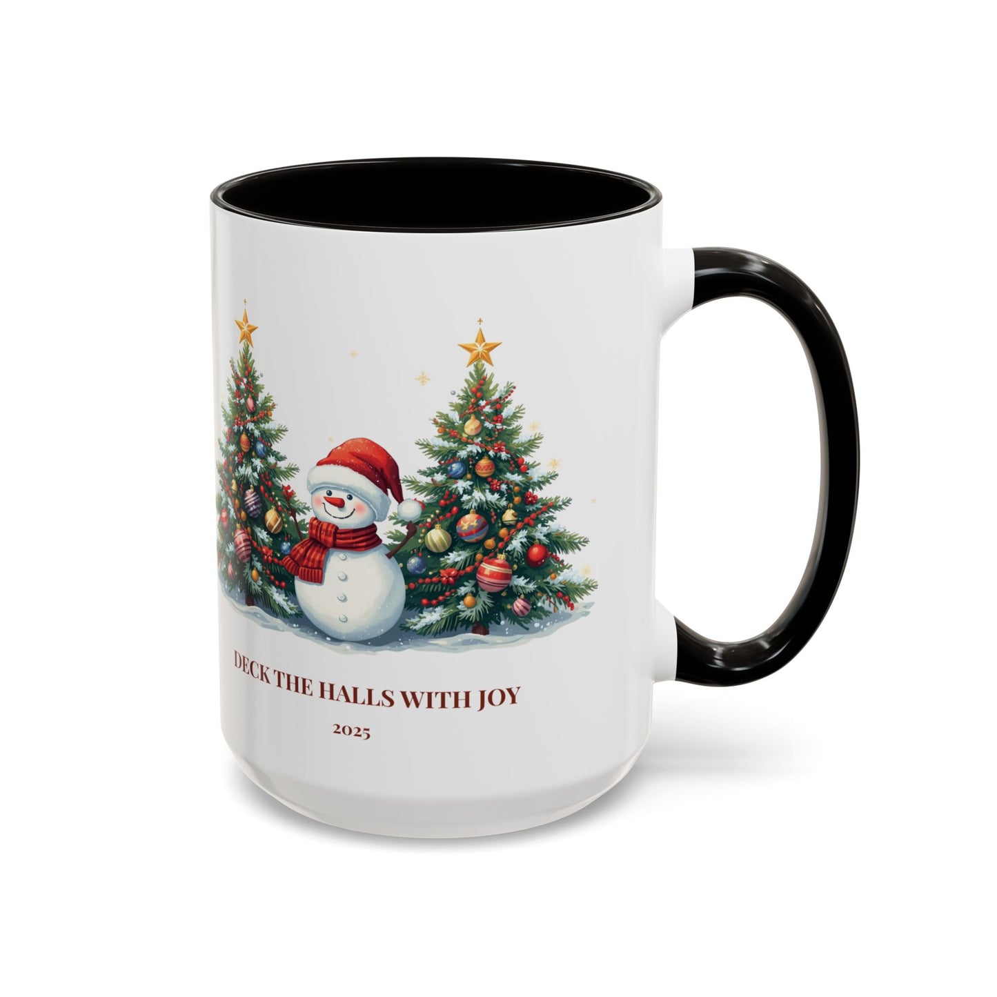 Christmas snowman mug with festive tree design, perfect for holiday drinks and cozy moments.