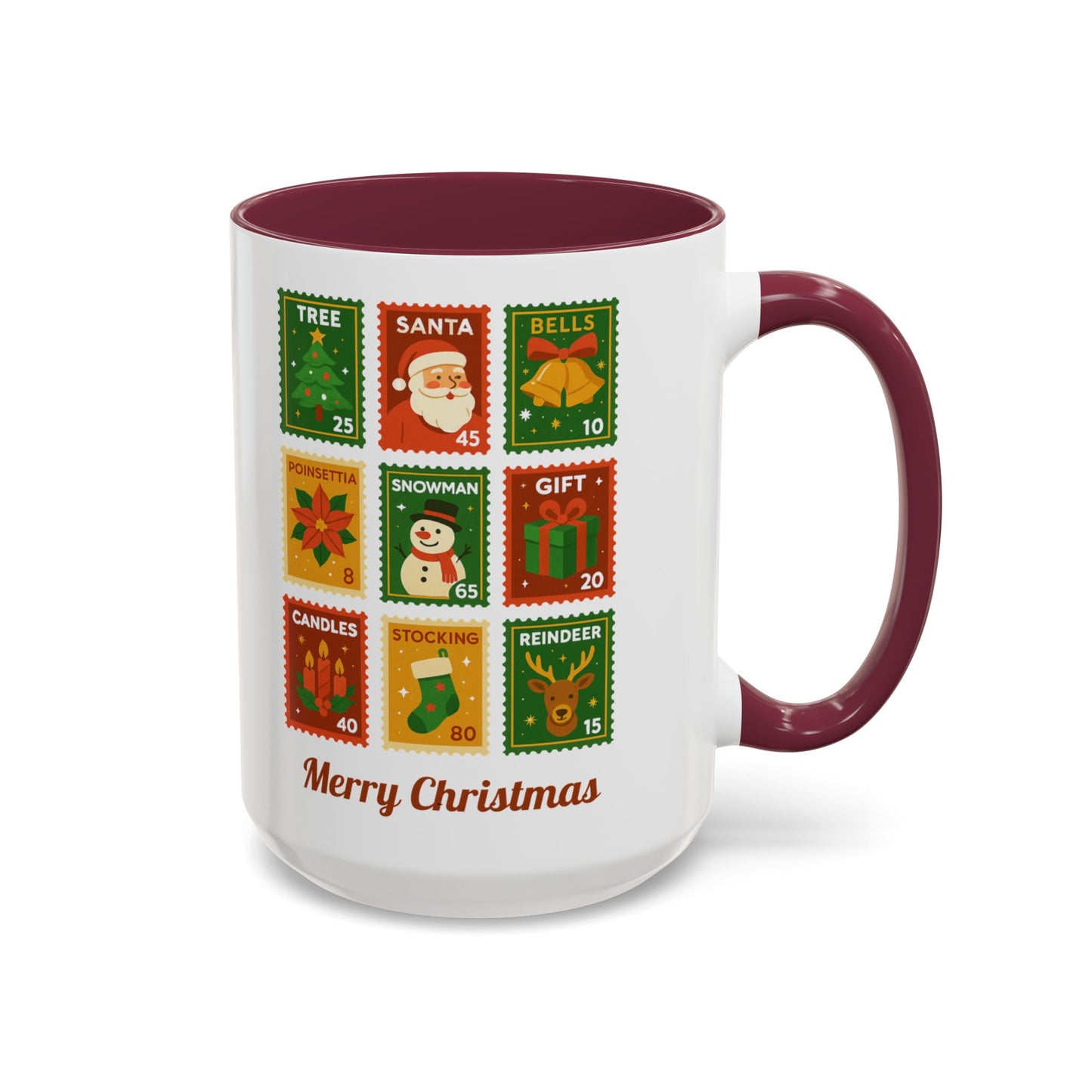 Colorful Holiday Stamp Mug, Festive Mug, Hot Cocoa Mug, Gift for Her, Secret Santa Gift, Stamp Collector, Christmas Mug