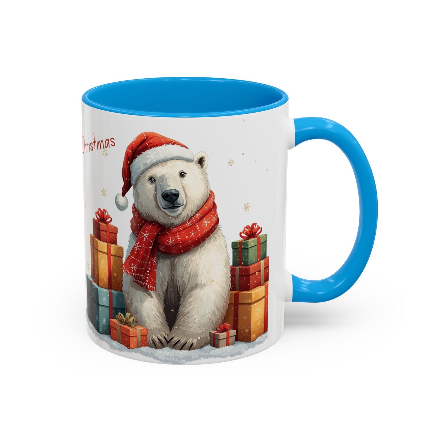 Cute Polar Bear Christmas mug with a red scarf and Santa hat, surrounded by colorful gift boxes.