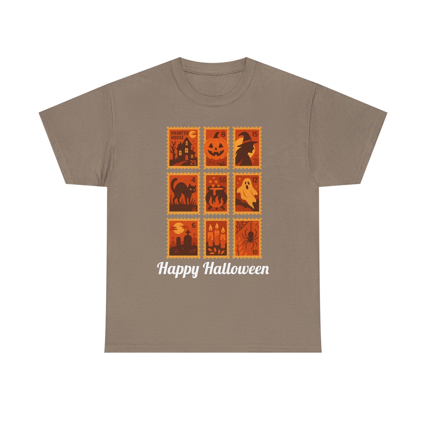  Halloween postage stamp t-shirt featuring spooky designs and 'Happy Halloween' text, perfect for fall fashion.