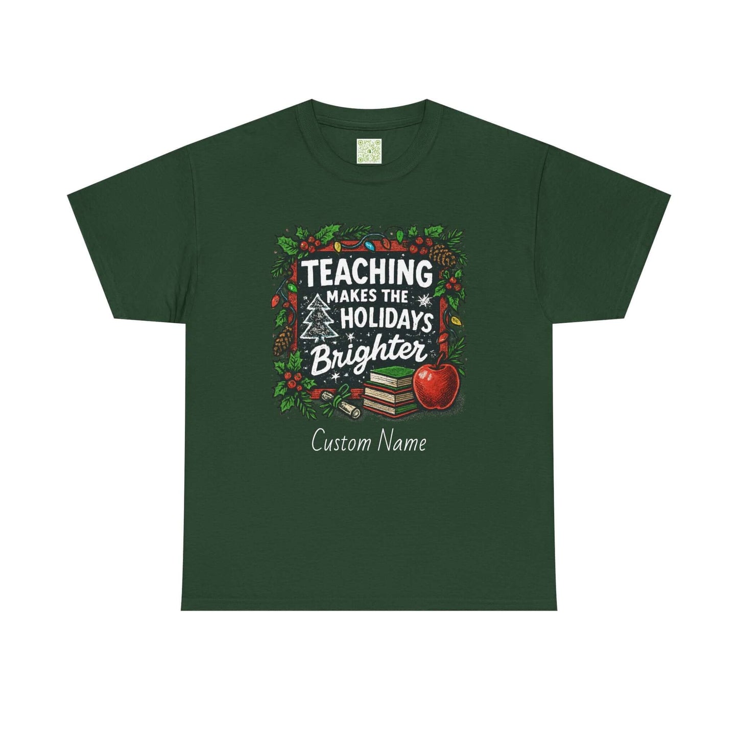 Personalized teacher holiday t-shirt in red with festive design and custom name. Perfect gift for teachers.