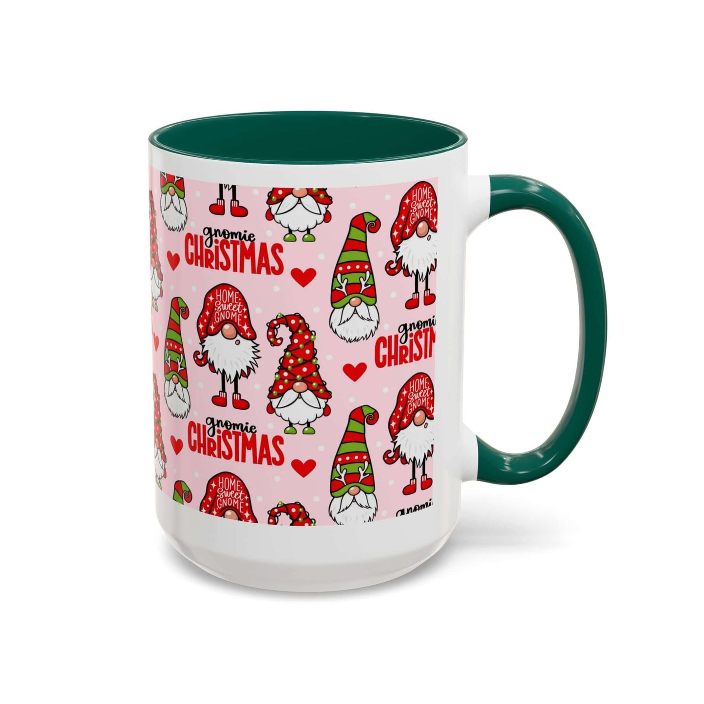 Festive Christmas gnome coffee mug with colorful designs on a pink background, perfect for holiday cheer.