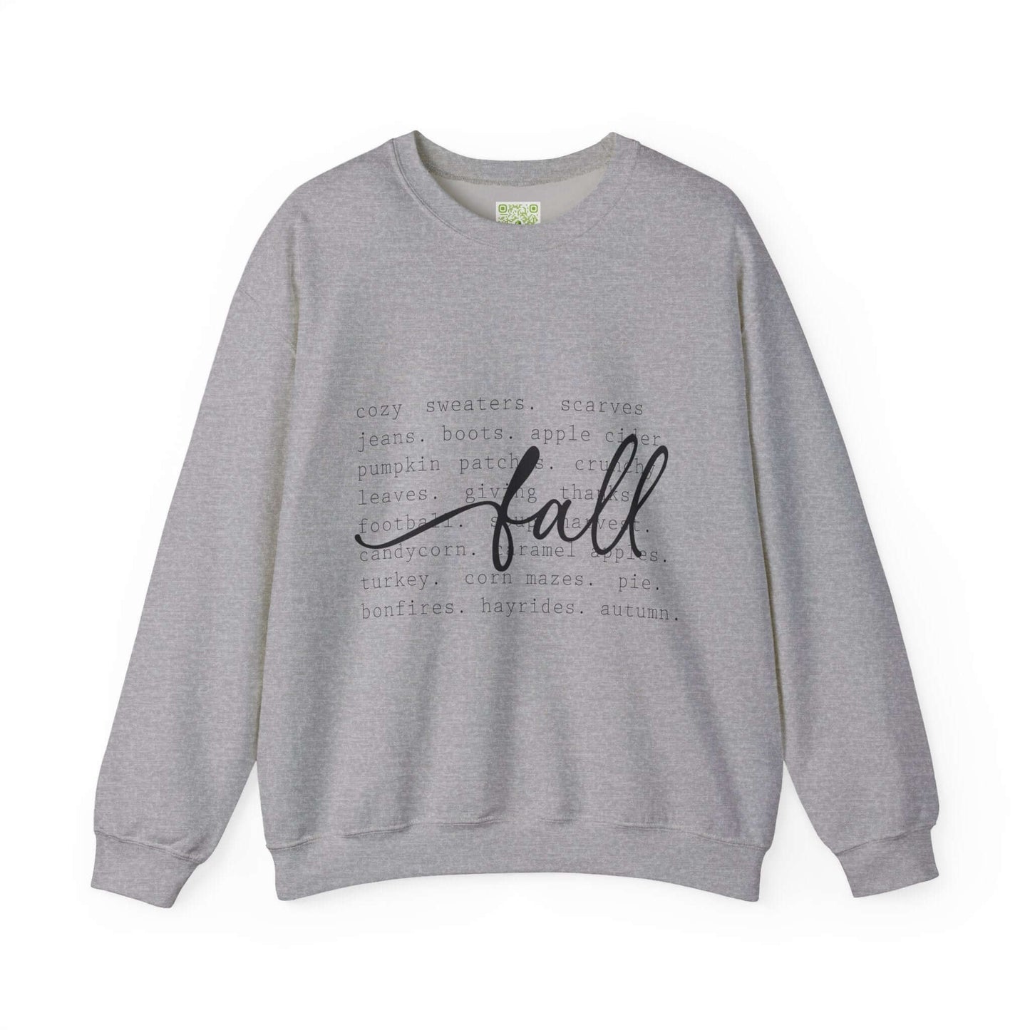 Cozy gray sweatshirt with fall-themed text, perfect for autumn walks and seasonal style.