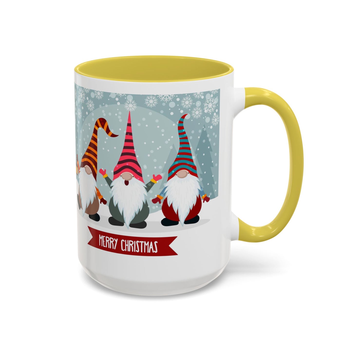 Merry Christmas gnome mug featuring colorful gnomes in festive hats, perfect for holiday coffee.