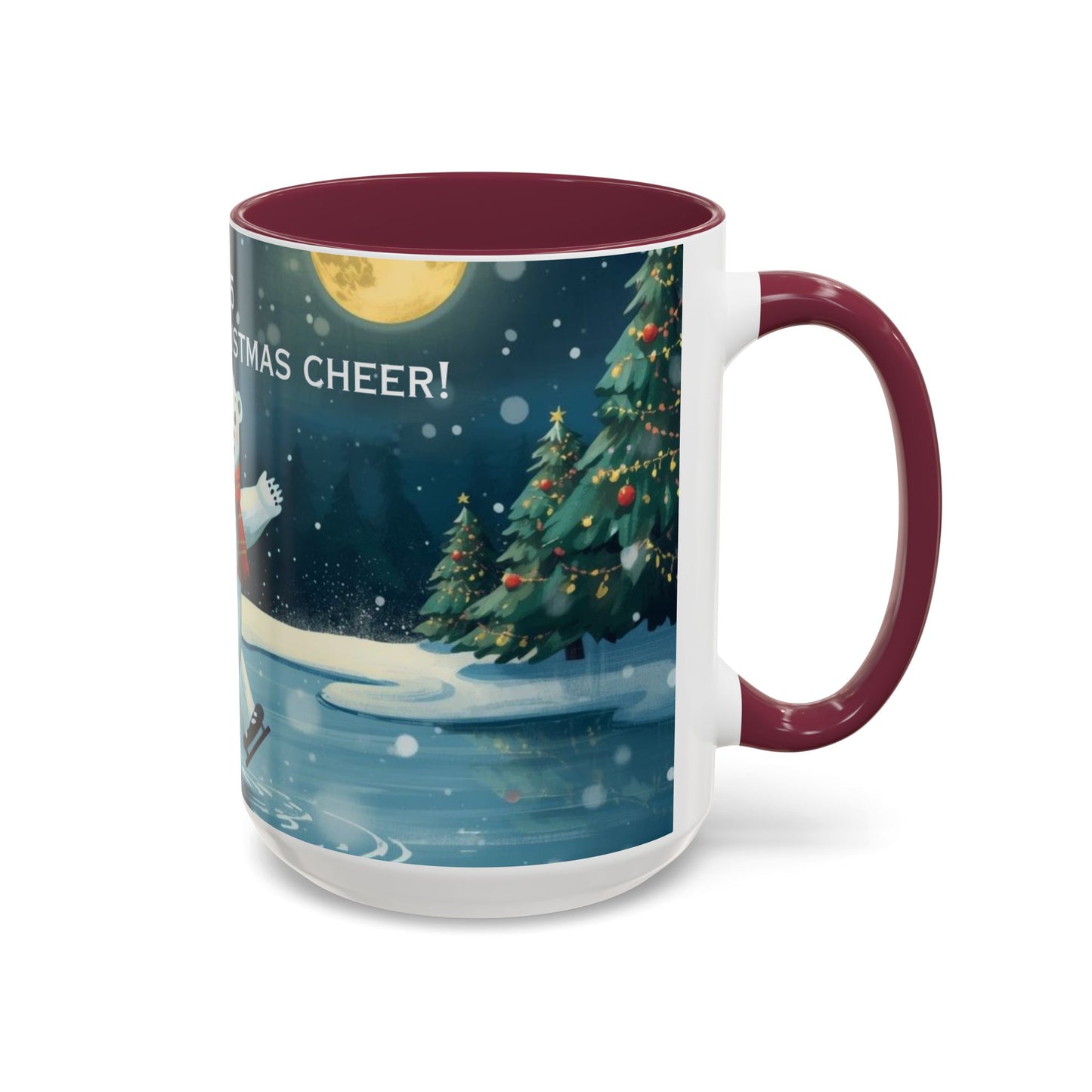 Polar Bear Christmas mug, decorated with festive trees and holiday scenes, perfect for warm drinks during the holidays.