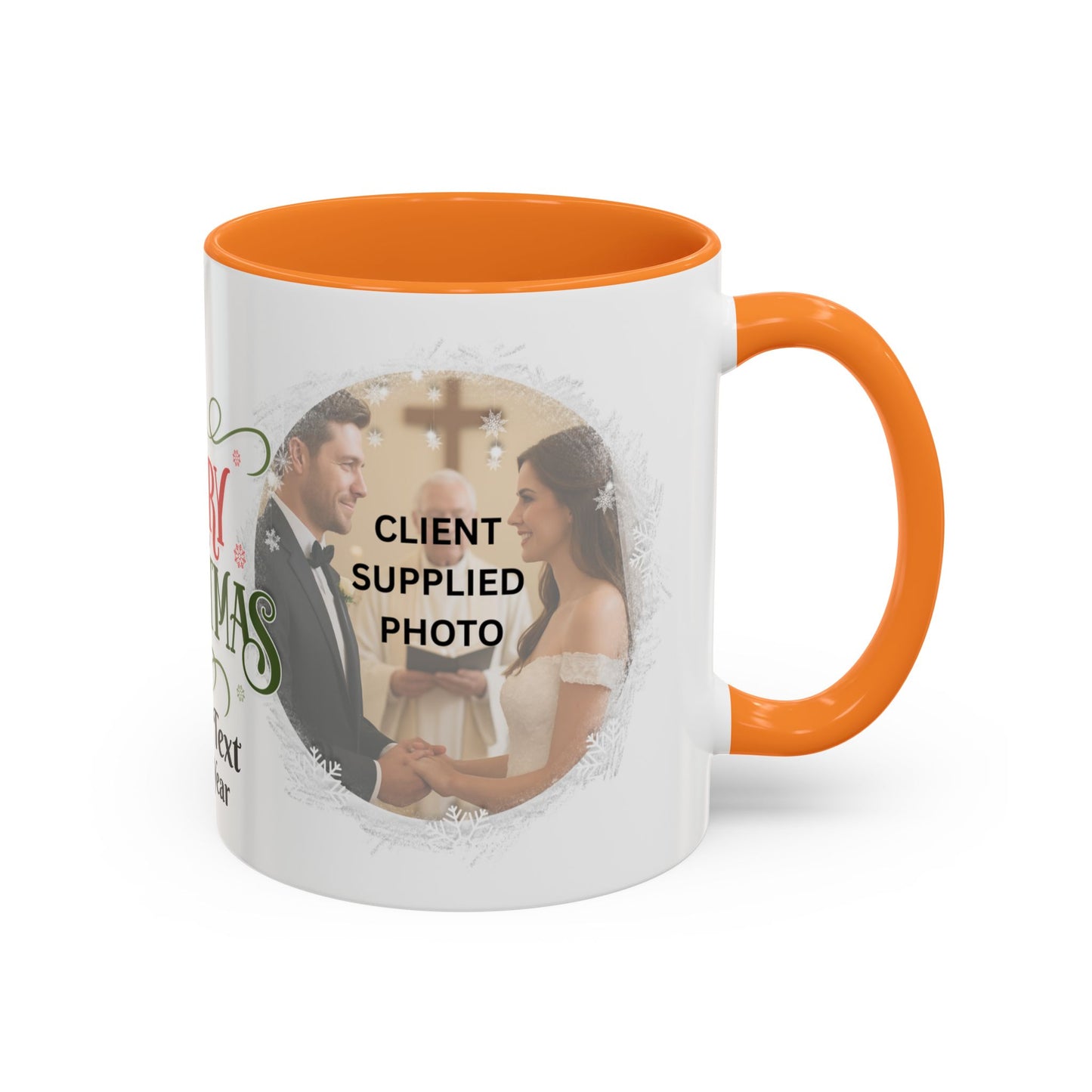 First Year Married Photo Mug with orange handle featuring a couple at their wedding ceremony.