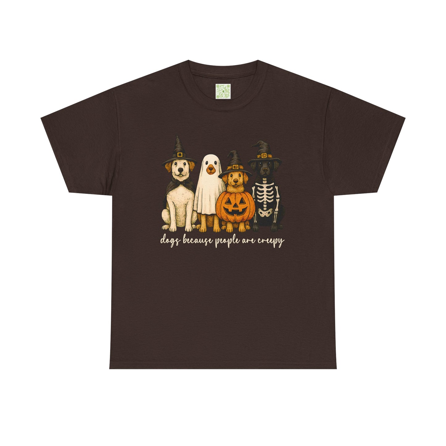 Woman wearing a maroon Halloween Dog Lovers Tee with a ghost, pumpkin, and dogs graphic.