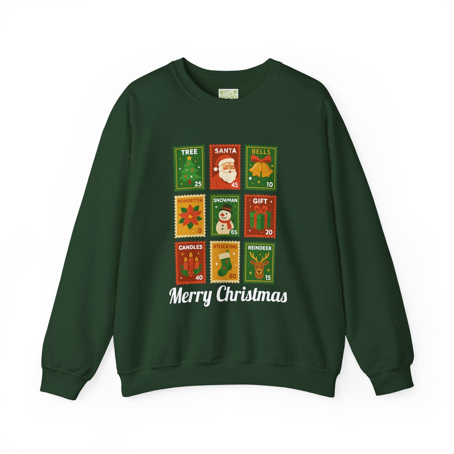Postage stamp Christmas sweater in forest green featuring holiday designs and 'Merry Christmas' text
