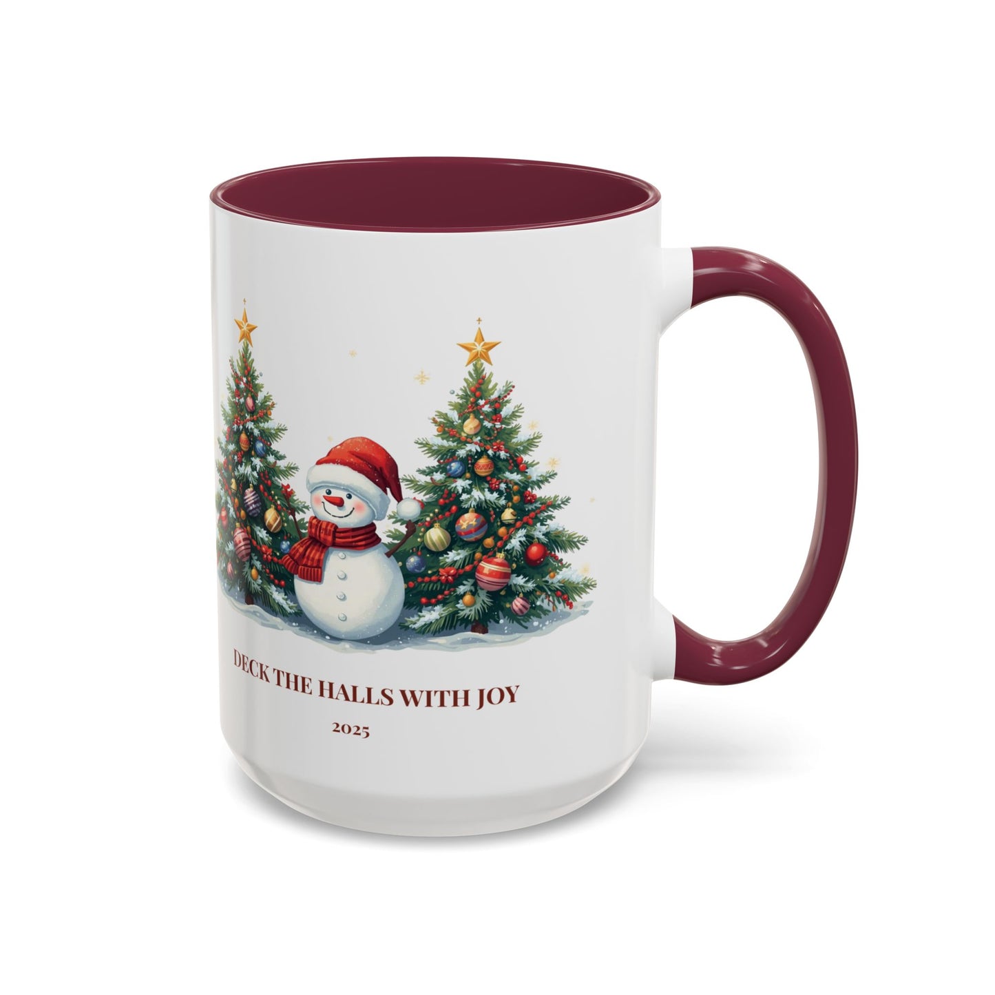 Christmas snowman mug with festive tree design, perfect for holiday drinks and cozy moments.
