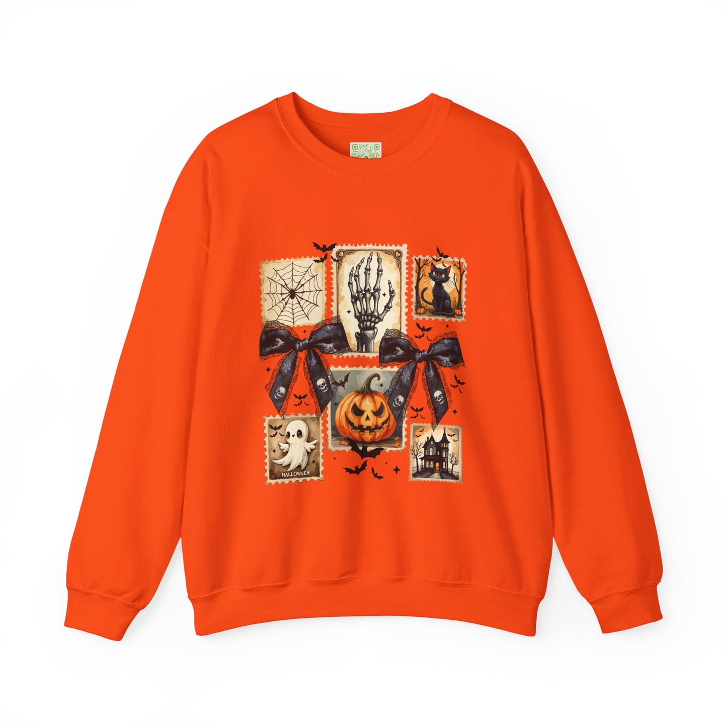Halloween themed orange sweatshirt featuring spooky graphics, perfect for fall and cozy outings.